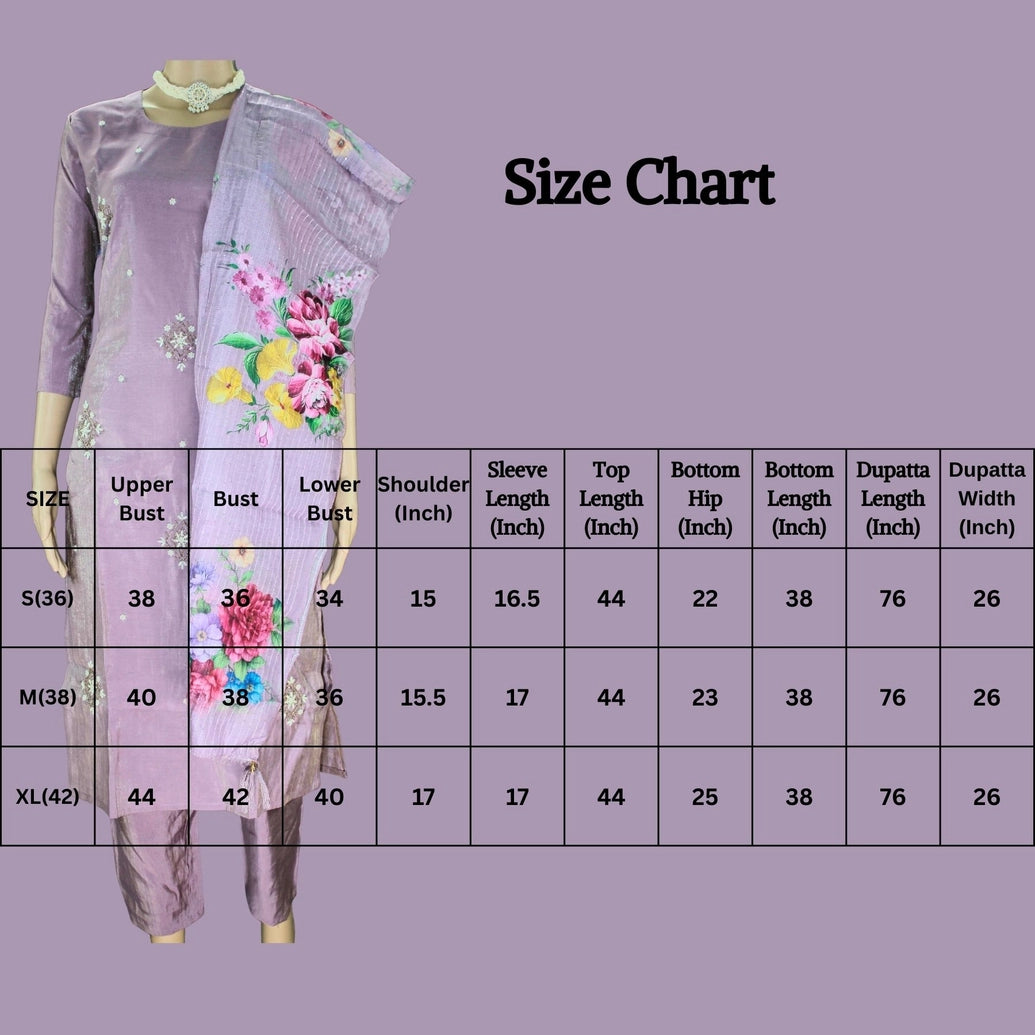 Lavender Shimmer 3-Piece Kurti Set with Aari & Pearl Embroidery, Elastic Pants and Printed Organza Dupatta