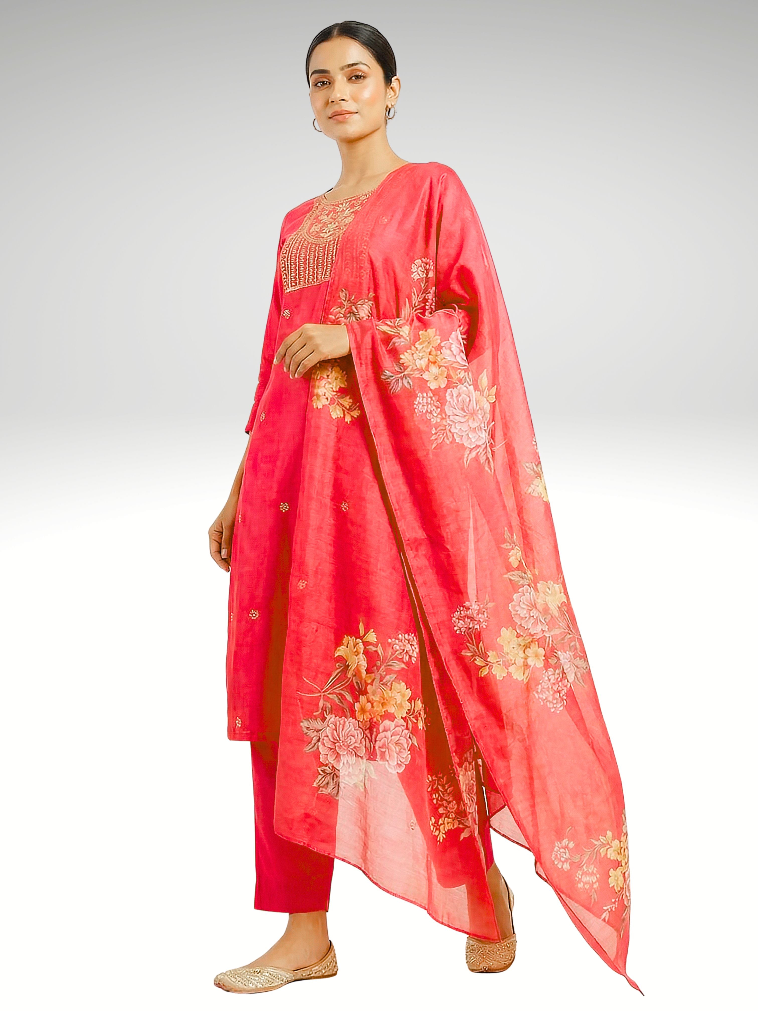 Dark Pink Roman Silk 3 Piece Set with Embroidery - AI Model Photo 1