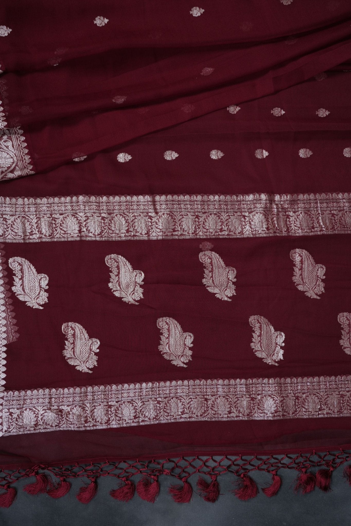 Authentic Banarasi Chiffon Saree - Silver Zari Border & Bootie Design Saree JCS Fashions