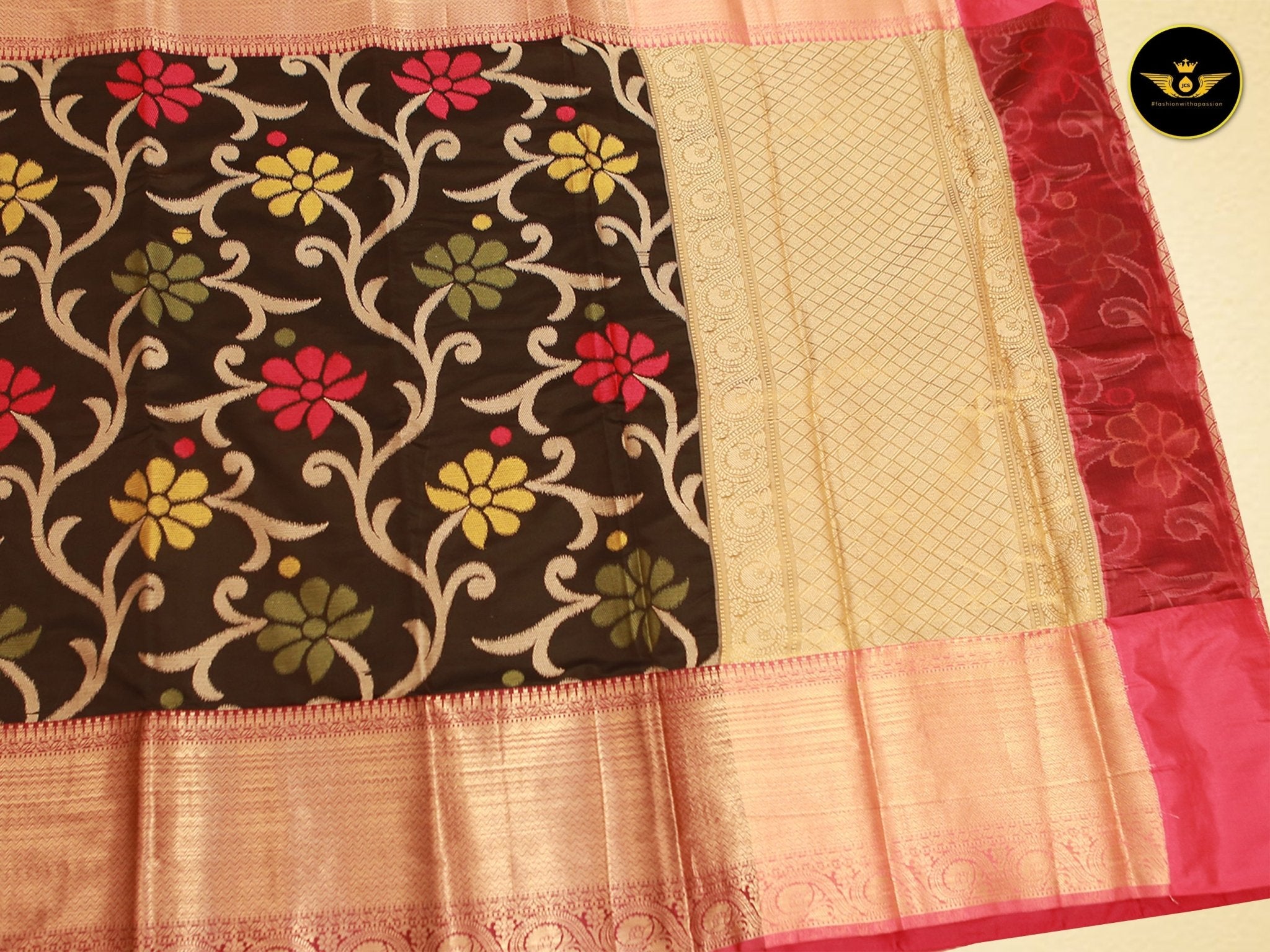 Banarasi Handloom Saree with All Over Zari & Designer Pallu, Beautiful Contrast Zari Work Border SAREE JCS Fashions