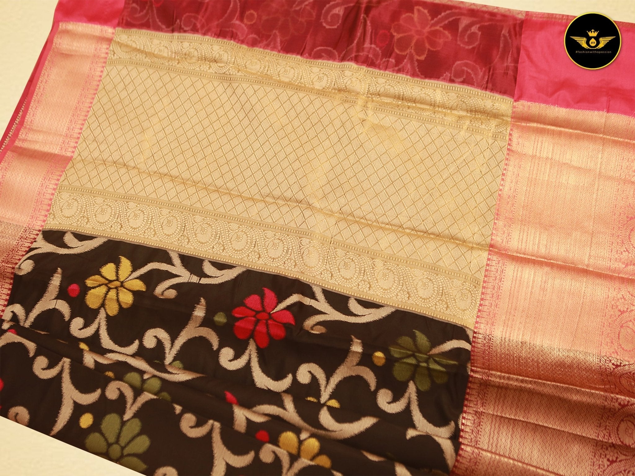 Banarasi Handloom Saree with All Over Zari & Designer Pallu, Beautiful Contrast Zari Work Border SAREE JCS Fashions