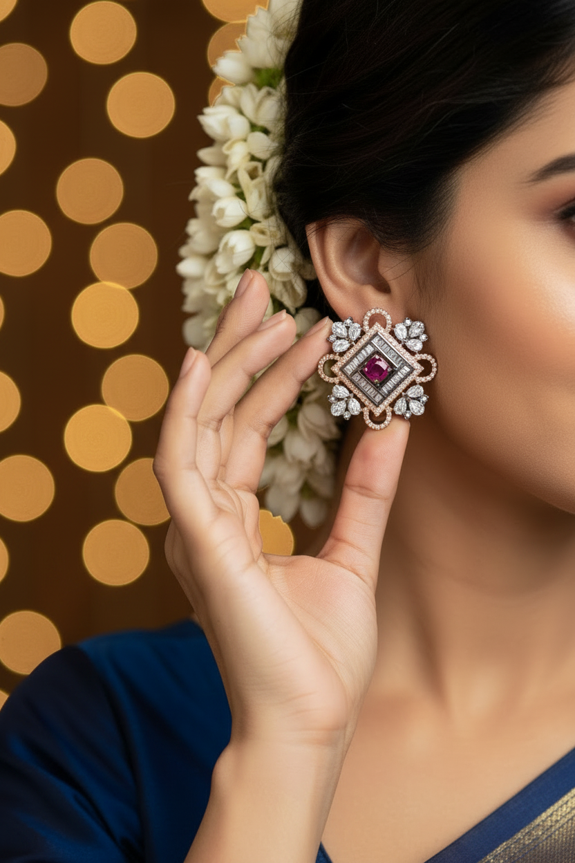 Rosegold Stud Earrings - Black, Sparkling Stones