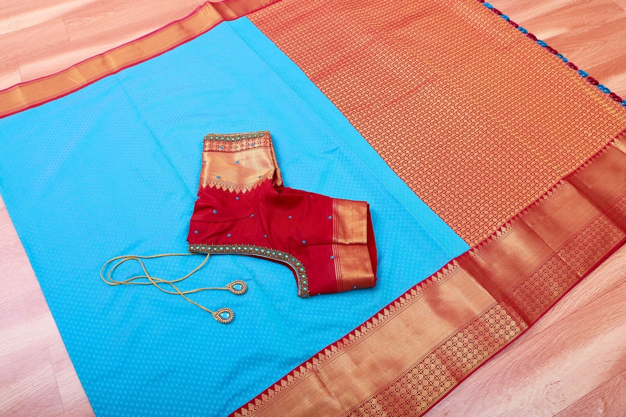 Blue Korvai Semi Silk Saree with Designer Tassels & Maggam Work Blouse SAREE JCS Fashions Blue 5.5 meters