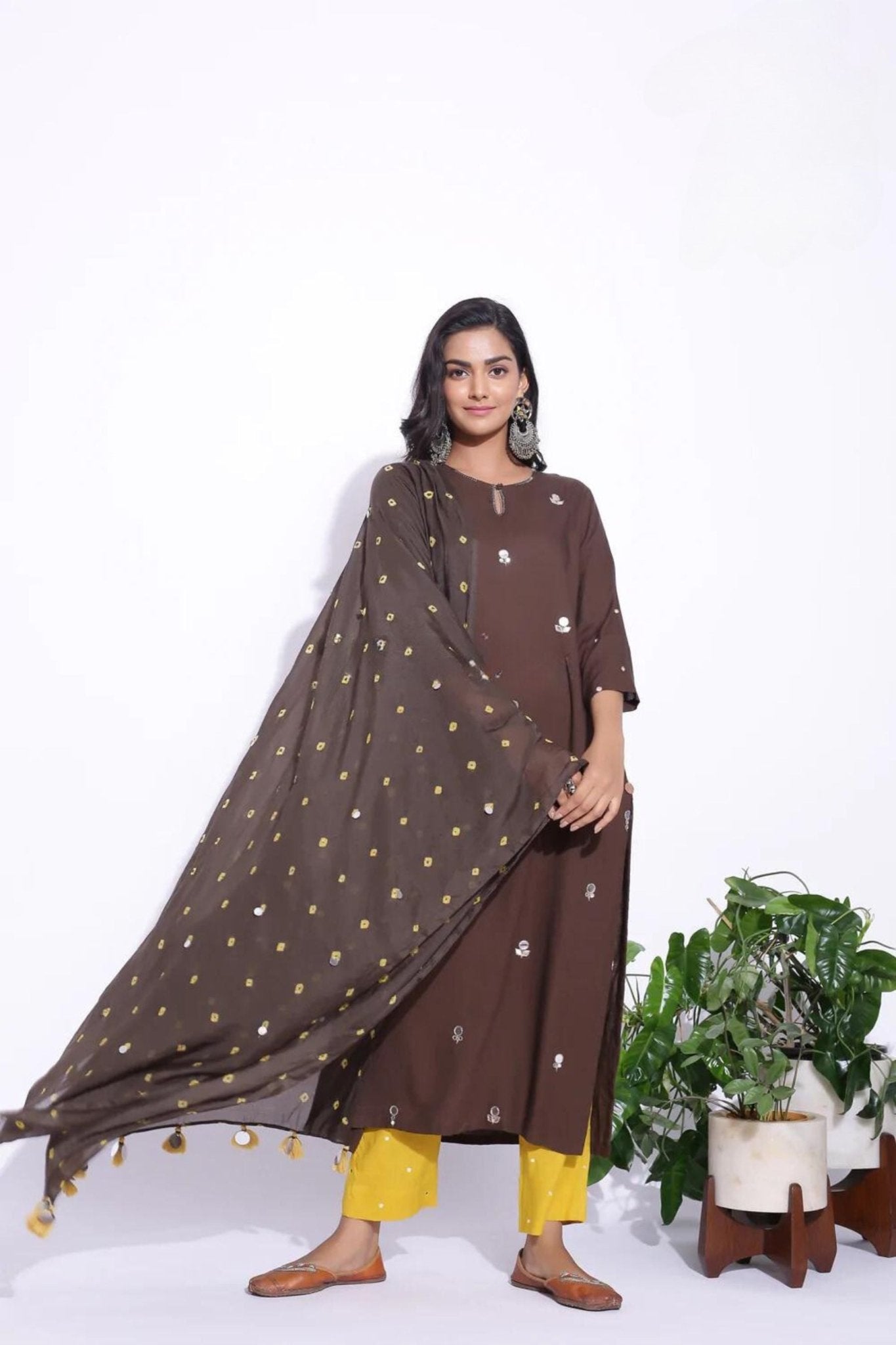 Brown Colour Mirror Work Detailing Kurta | JCS Fashions Sustainable JCS Fashions Brown S