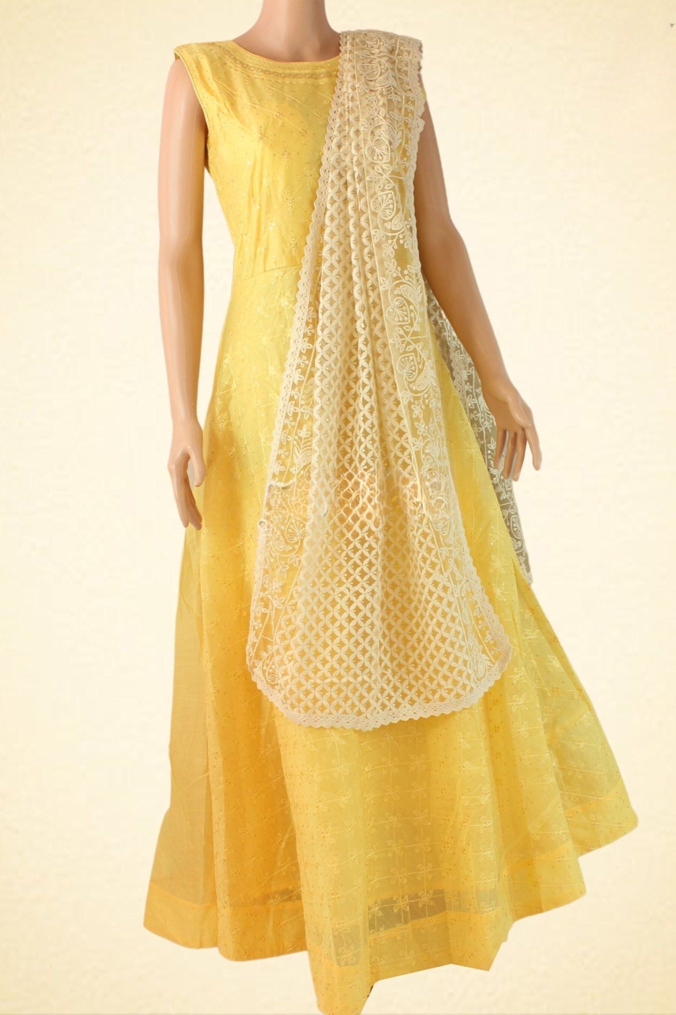 Chanderi Elegance: Silk Gown with Sequins , Embroidery and Net Dupatta KURTI JCS Fashions Yellow XX-Large (44)