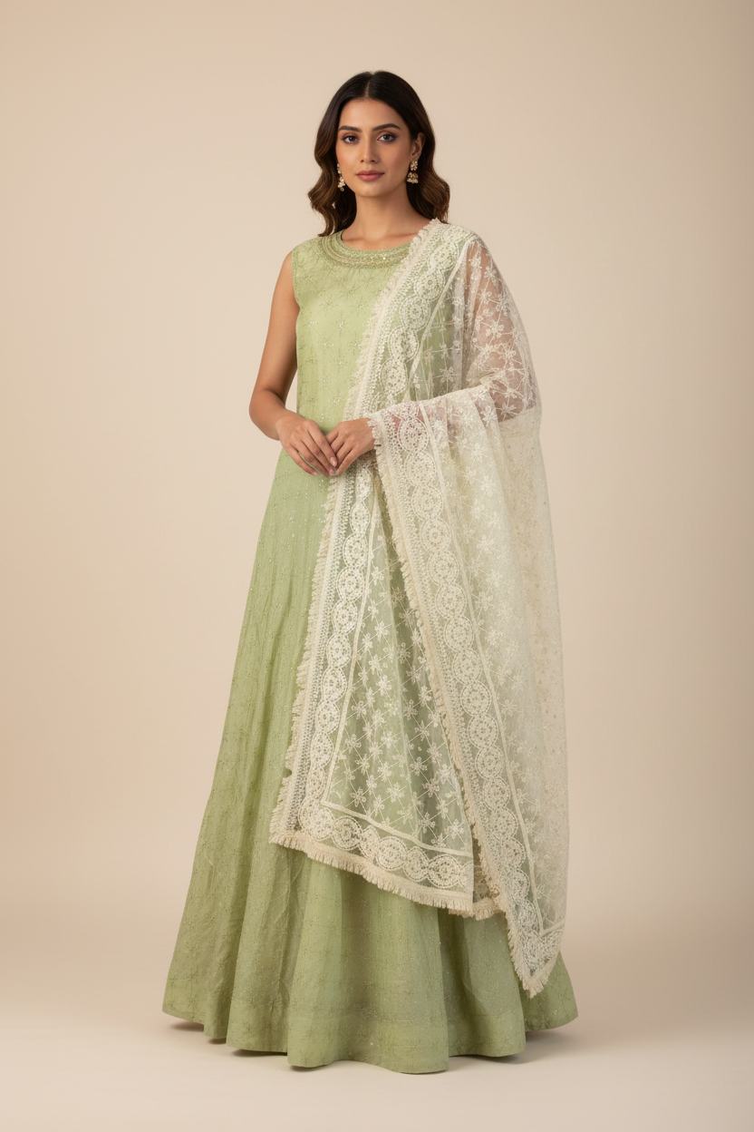 Chanderi Silk Long Gown With Sequins And Embroidery Work