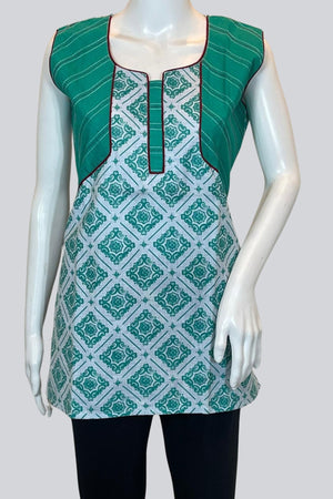Green Cotton Kurti – Short 28in with Attached Sleeves