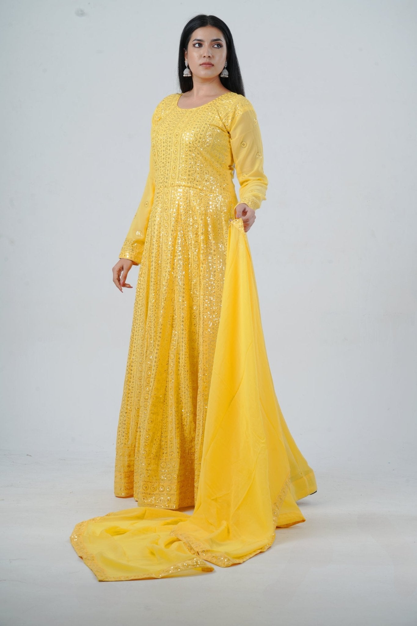 Chic Georgette Long Gown with Sequin Embellishments in Yellow KURTI JCS Fashions