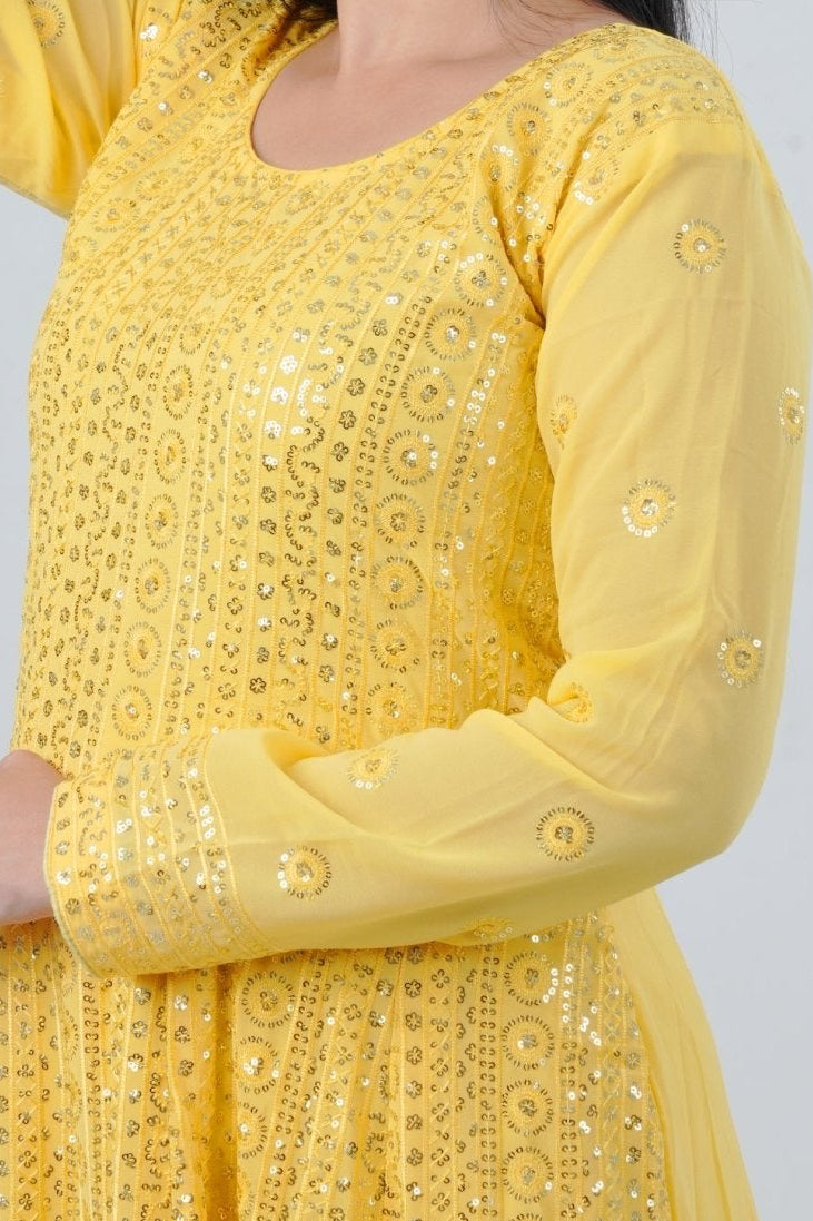 Chic Georgette Long Gown with Sequin Embellishments in Yellow KURTI JCS Fashions