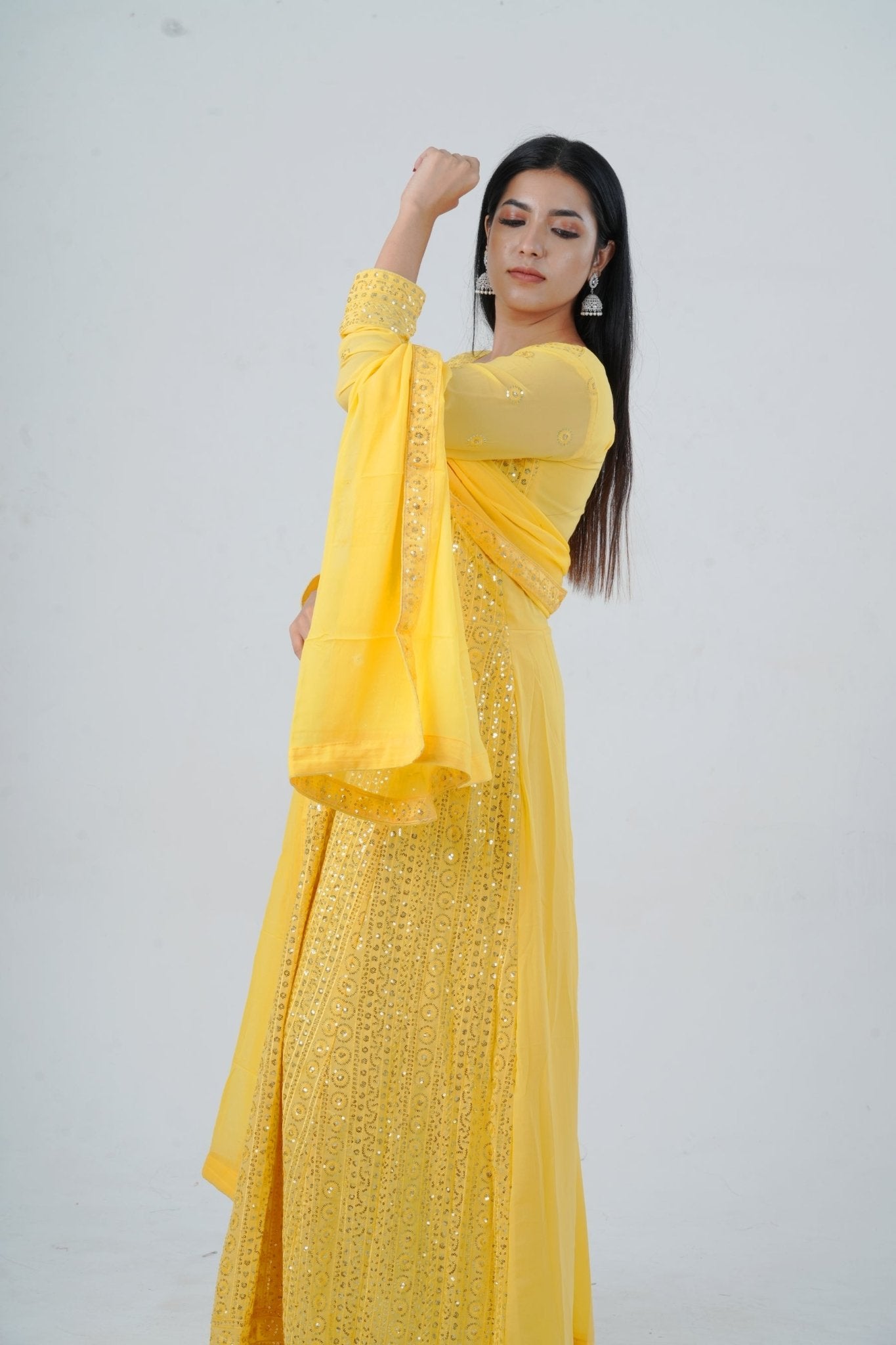 Chic Georgette Long Gown with Sequin Embellishments in Yellow KURTI JCS Fashions