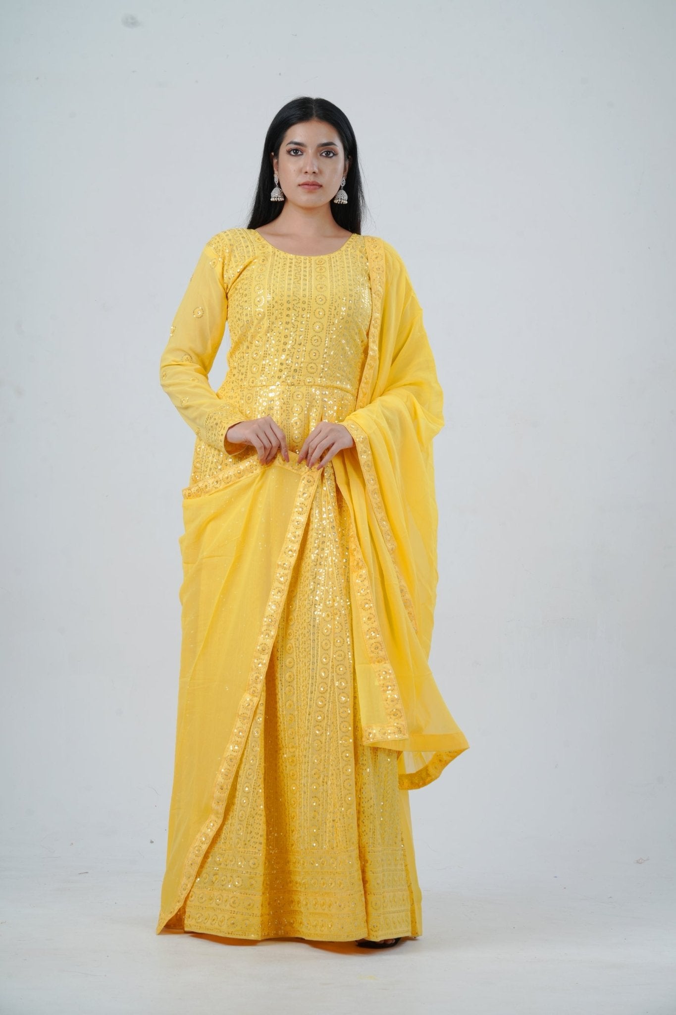 Chic Georgette Long Gown with Sequin Embellishments in Yellow KURTI JCS Fashions