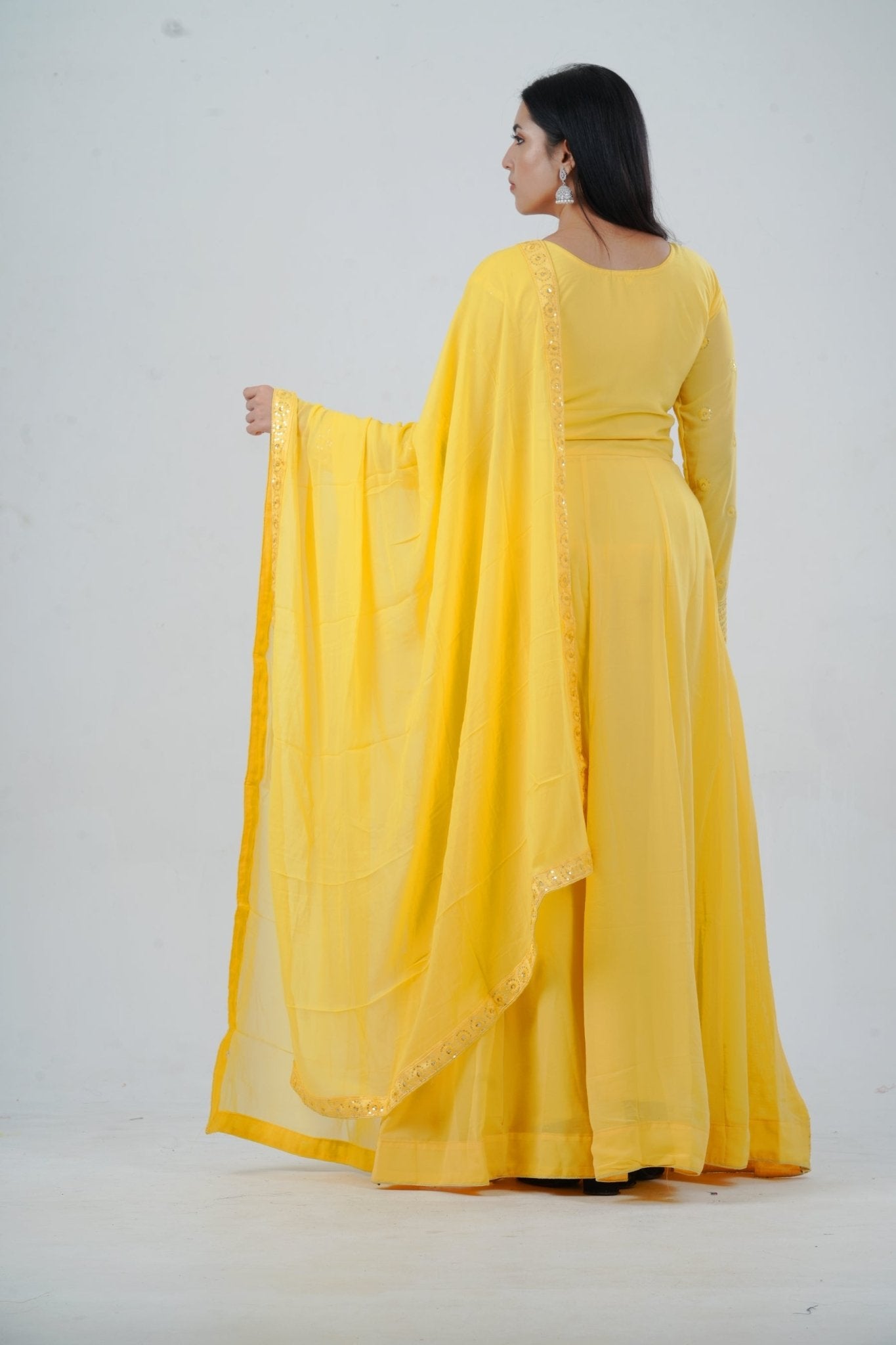 Chic Georgette Long Gown with Sequin Embellishments in Yellow KURTI JCS Fashions