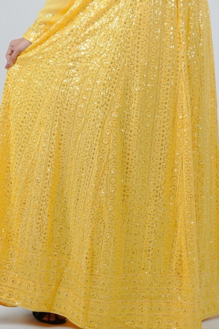 Chic Georgette Long Gown with Sequin Embellishments in Yellow KURTI JCS Fashions