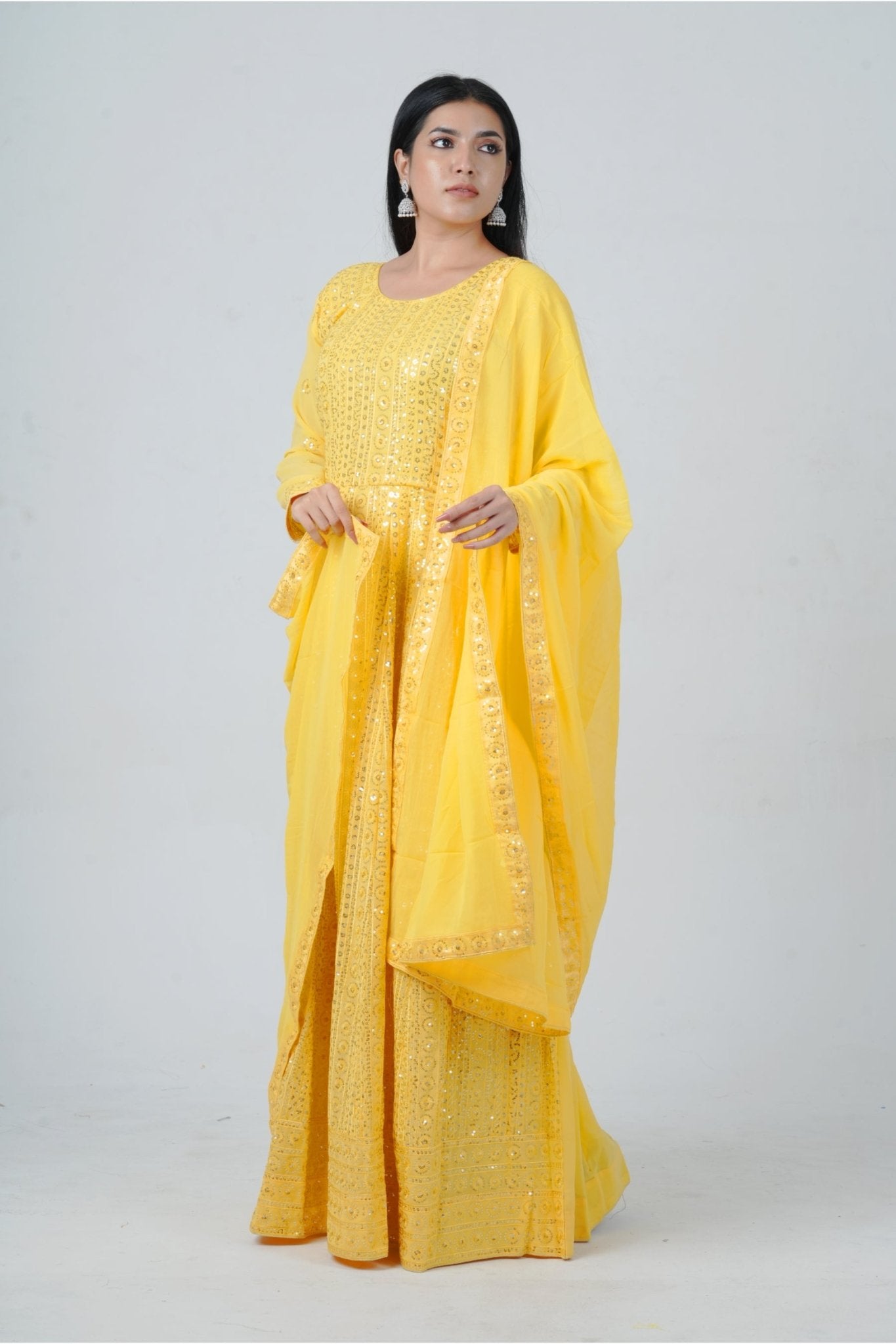 Chic Georgette Long Gown with Sequin Embellishments in Yellow KURTI JCS Fashions