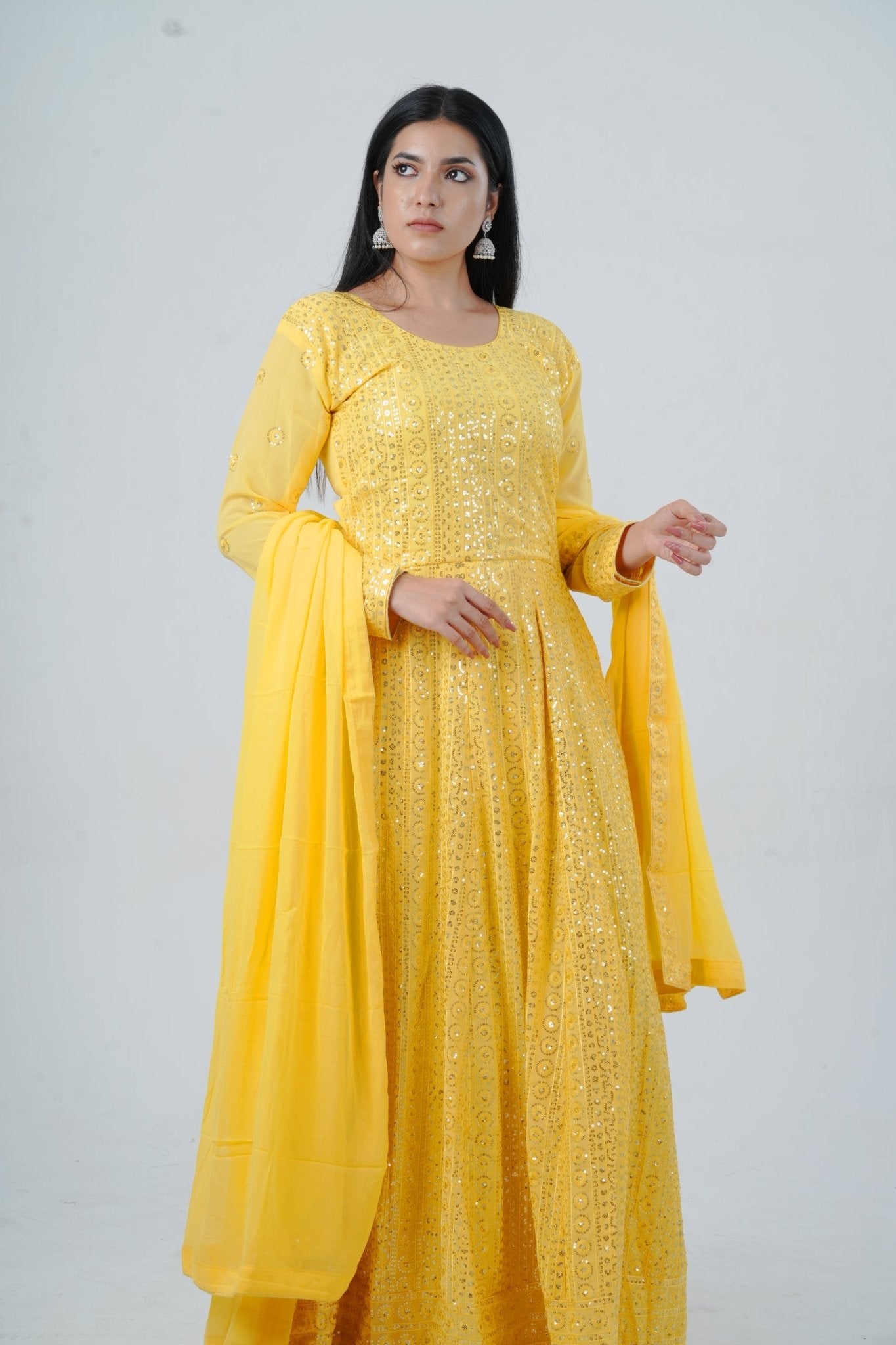Chic Georgette Long Gown with Sequin Embellishments in Yellow KURTI JCS Fashions