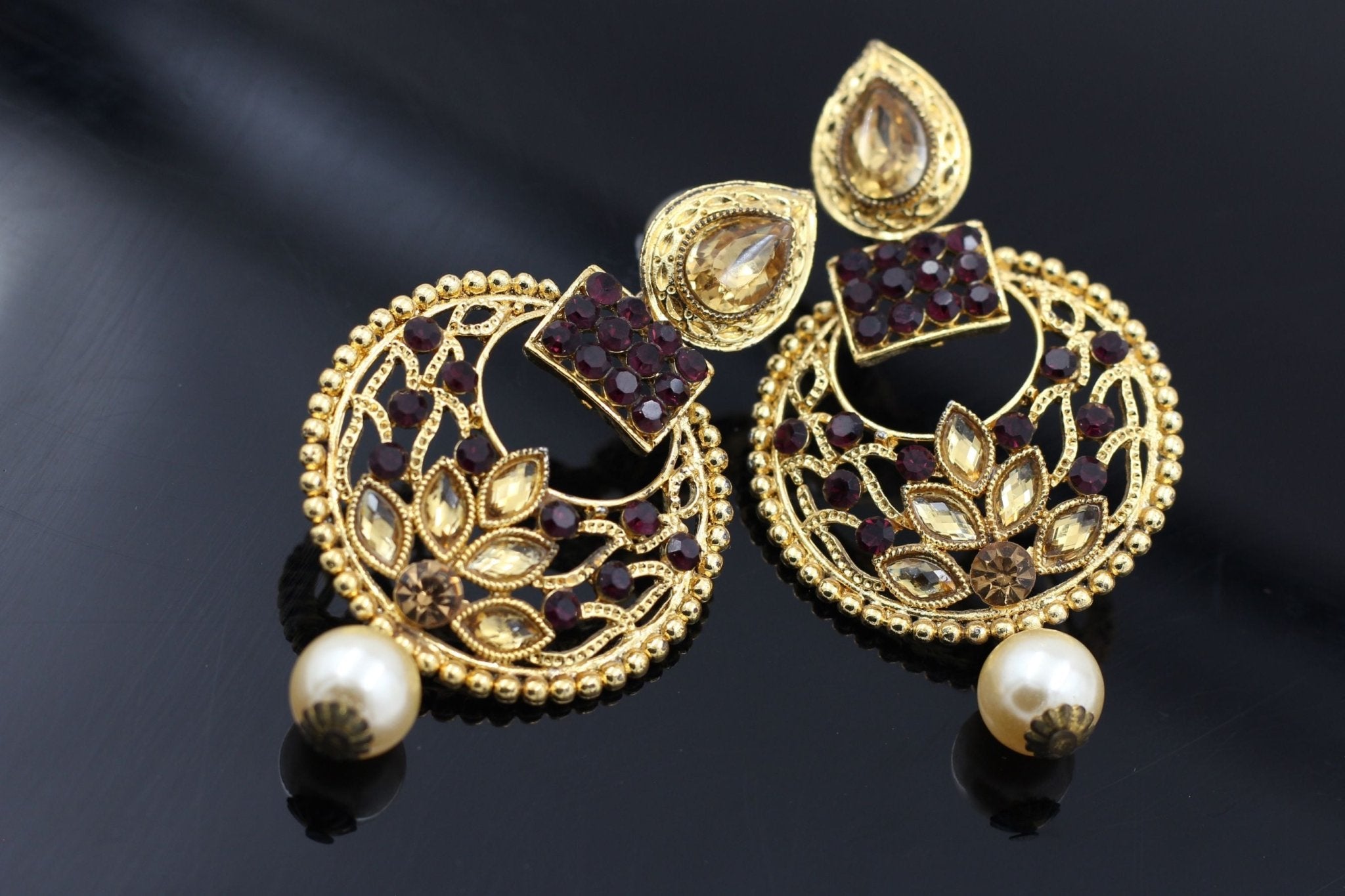 Chic Gold-Plated Earrings: Elegant Purple Stones & Beads, Stylish Closure Jewelry JCS Fashions