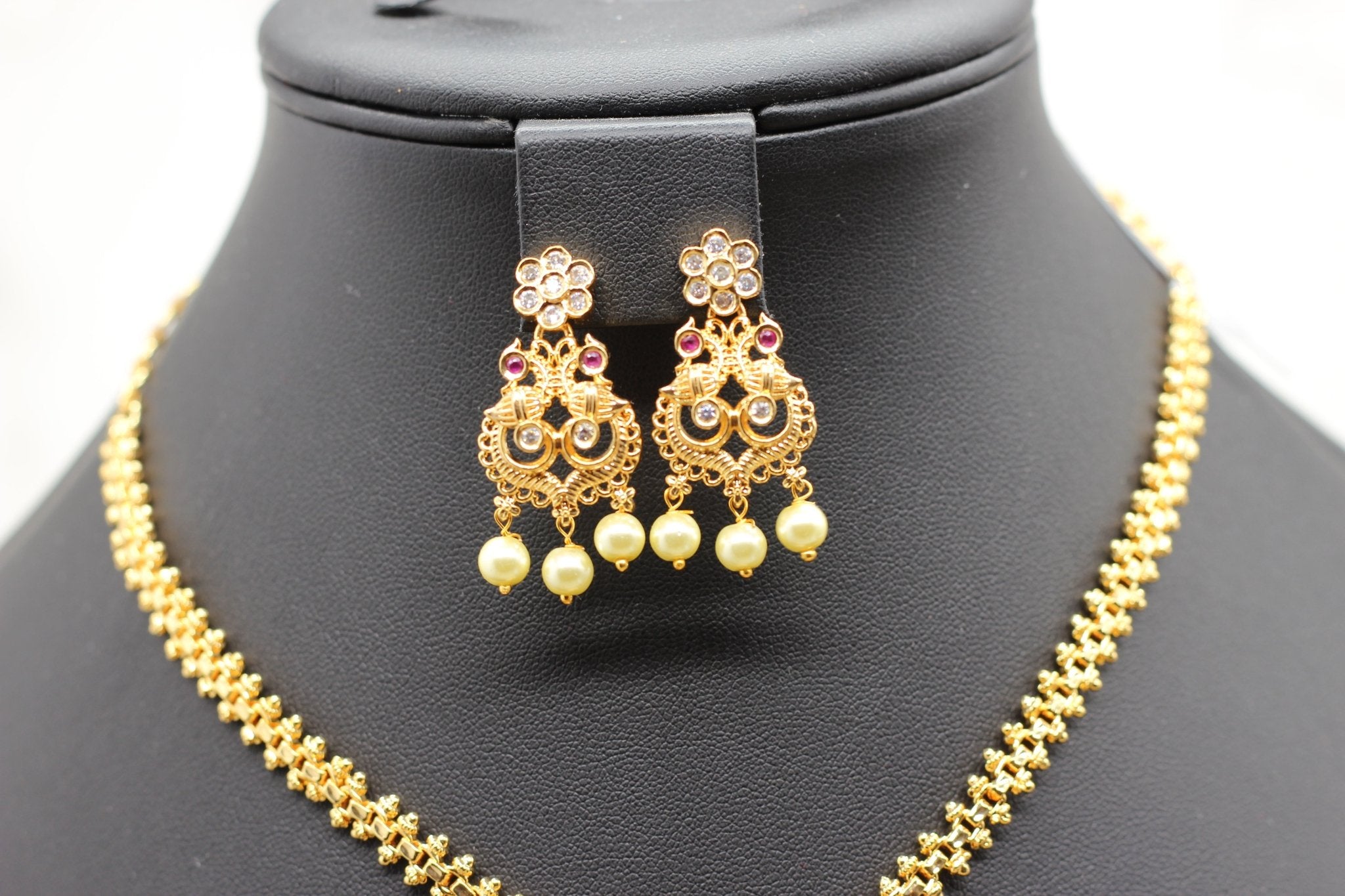 Chic Gold-Polish Chain & Earring Set with Stone and Bead Accents Jewelry JCS Fashions