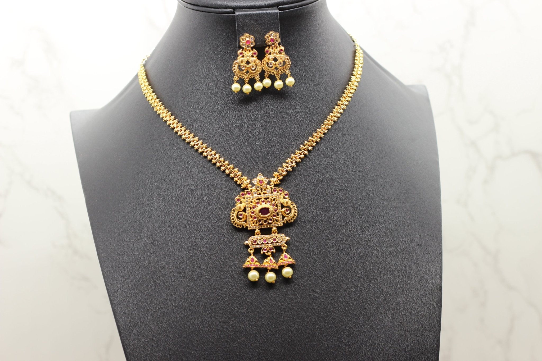 Chic Gold-Polish Chain & Earring Set with Stone and Bead Accents Jewelry JCS Fashions