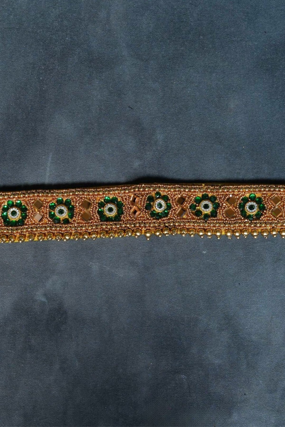 Chic Harmony: Aari Work Hip Belt with Green & White Stones |JCSFashions Hip Belt JCS Fashions