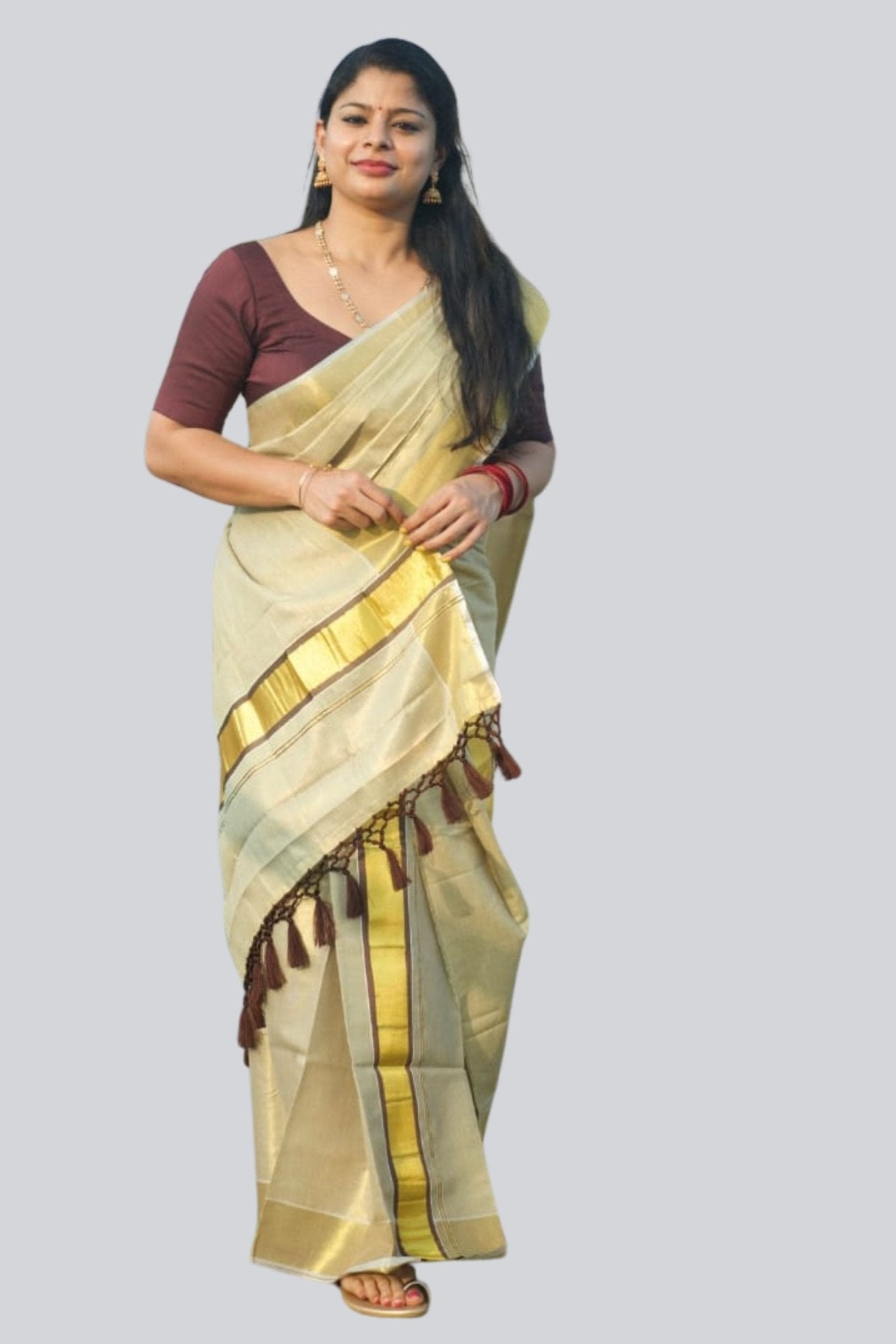 Chic Saree Onam Collection: Color Tissue Set Mundu with Tassel Detailing Saree JCS Fashions