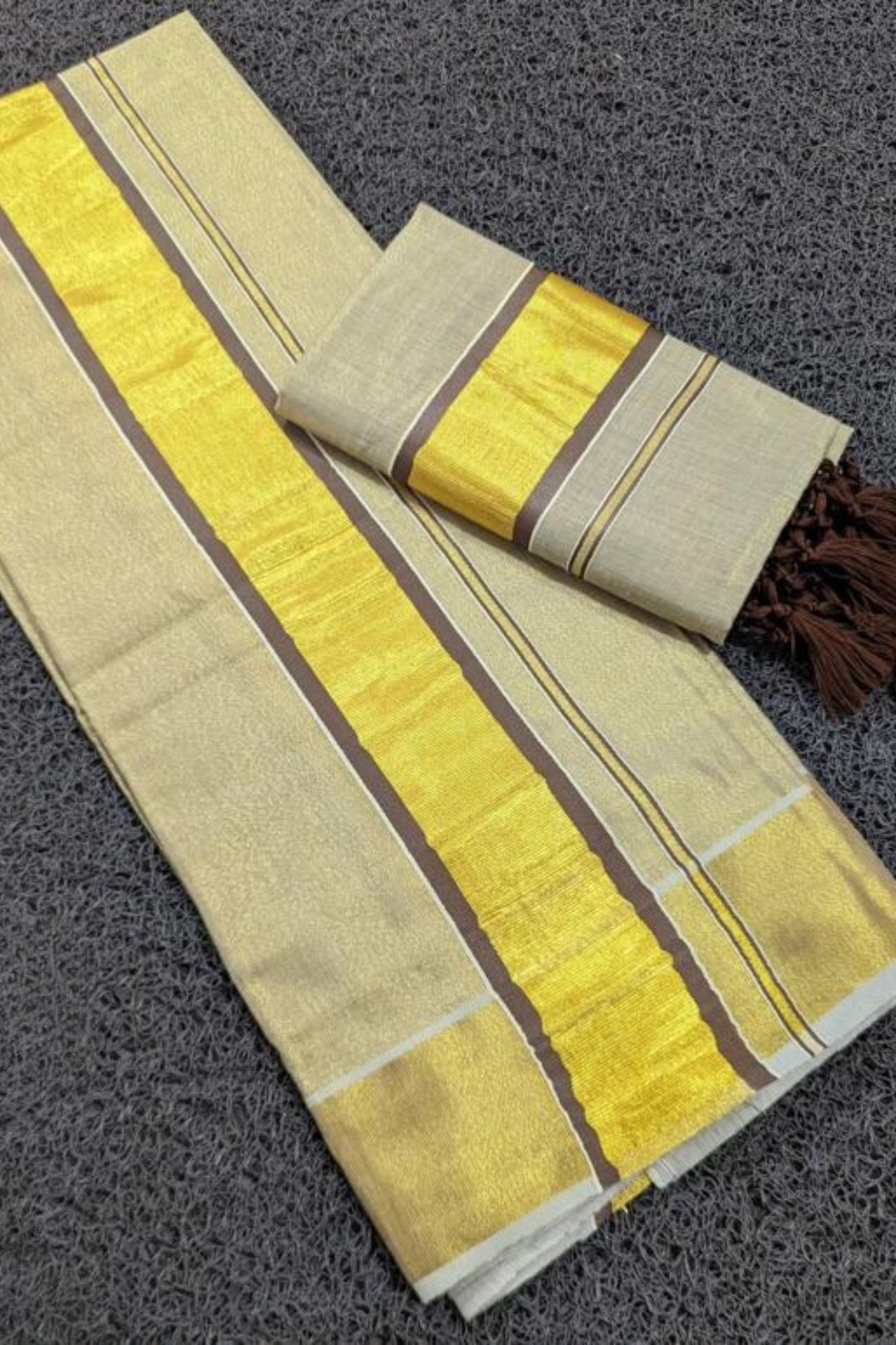 Chic Saree Onam Collection: Color Tissue Set Mundu with Tassel Detailing Saree JCS Fashions