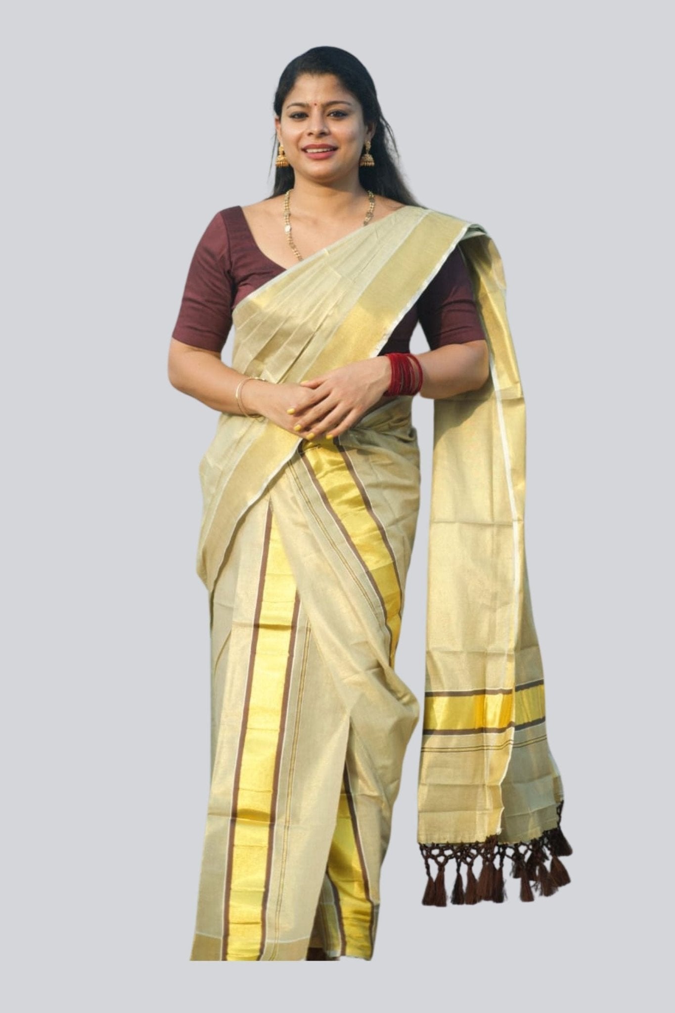 Chic Saree Onam Collection: Color Tissue Set Mundu with Tassel Detailing Saree JCS Fashions