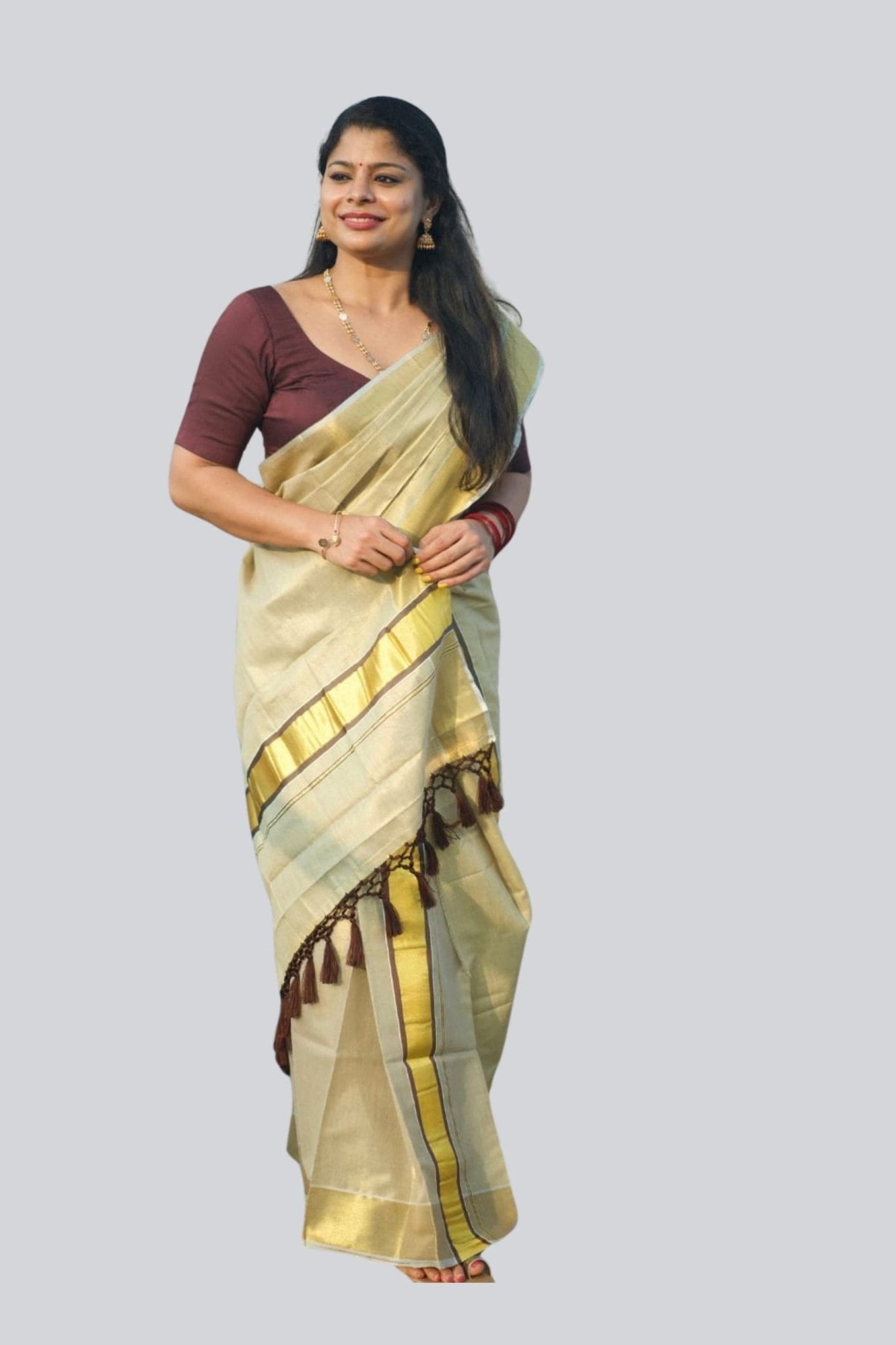 Chic Saree Onam Collection: Color Tissue Set Mundu with Tassel Detailing Saree JCS Fashions