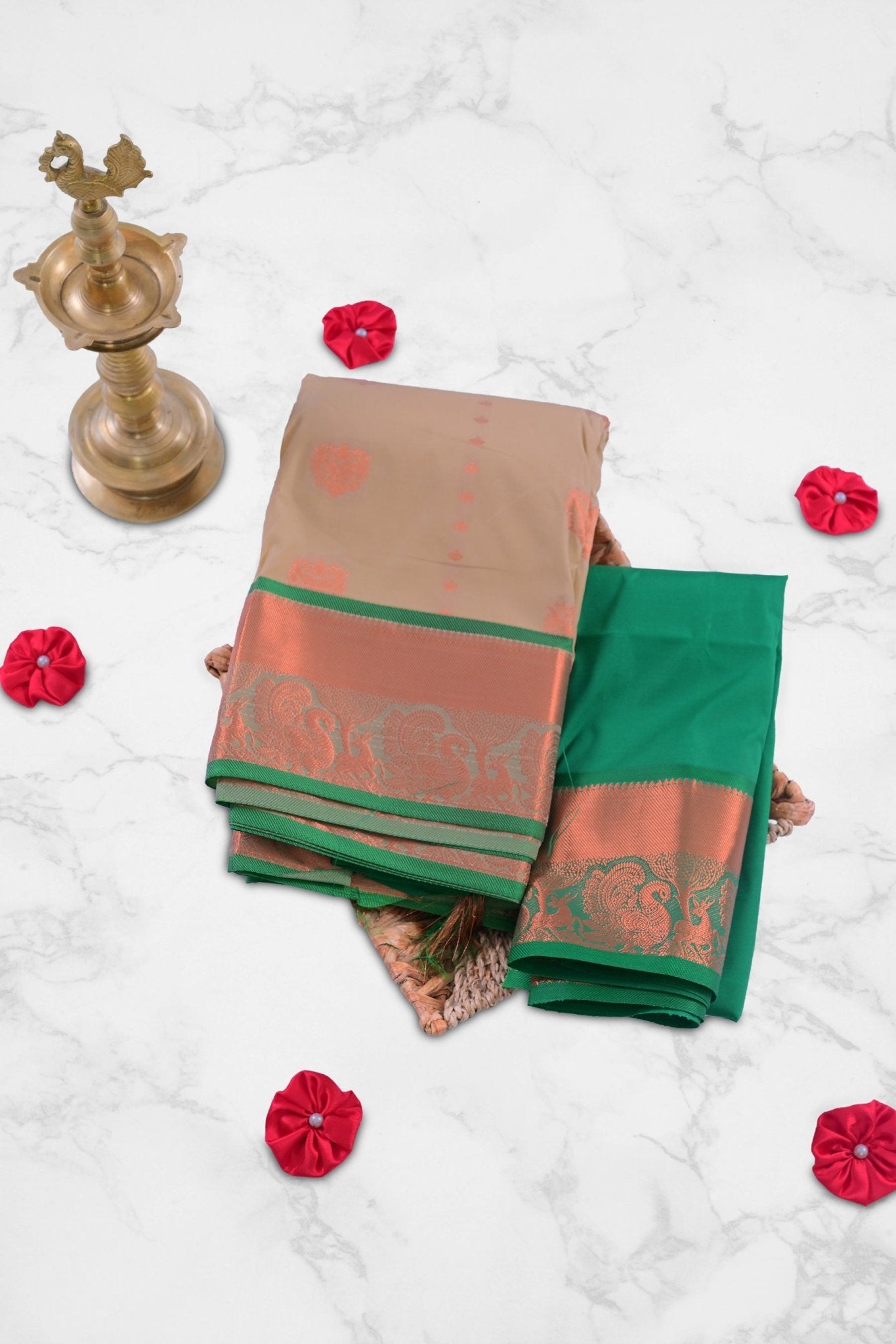 Classic Copper Zari Saree with Grand Peacock Motif - Traditional Meet Saree JCS Fashions Cream 5.5 Meters