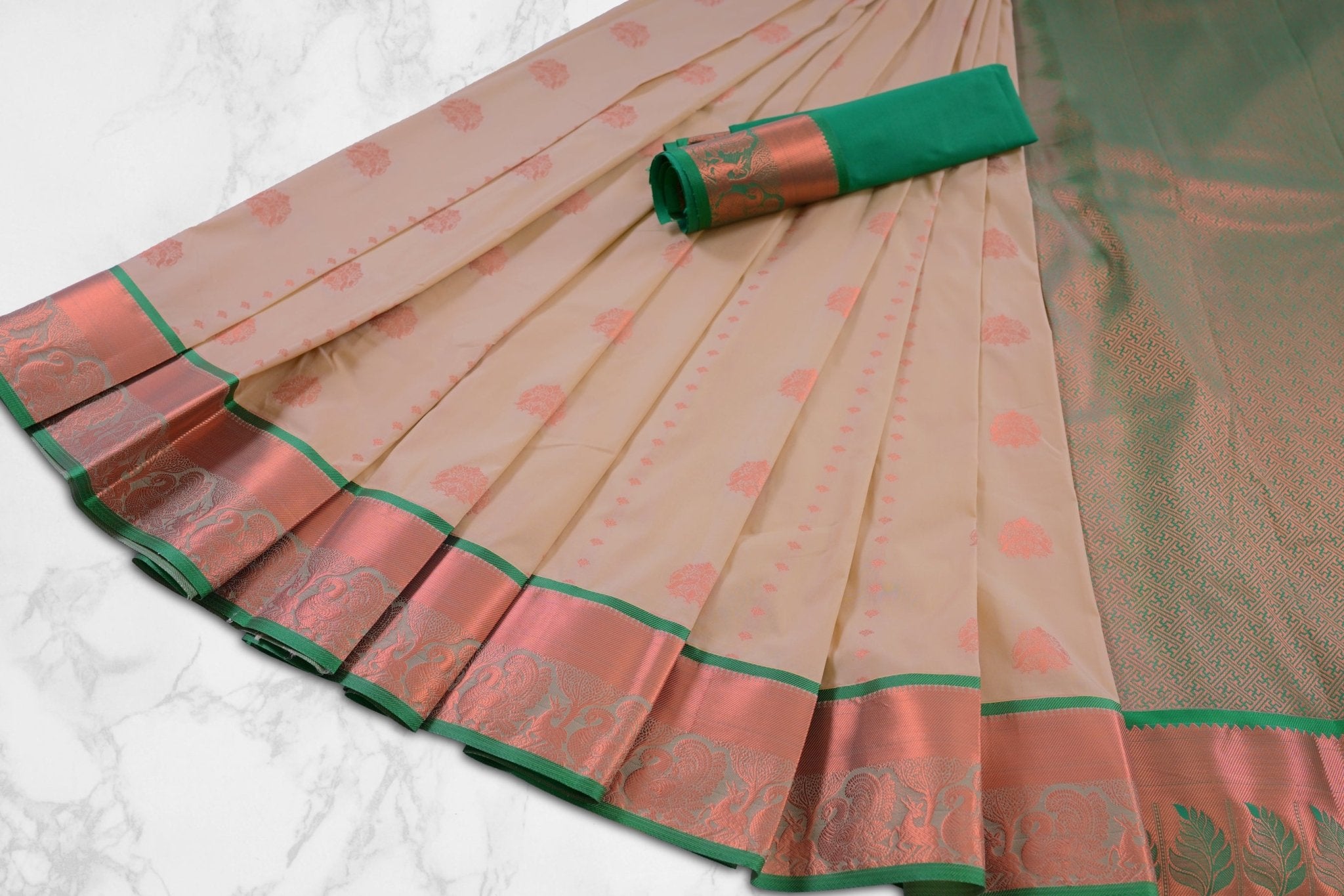 Classic Copper Zari Saree with Grand Peacock Motif - Traditional Meet Saree JCS Fashions