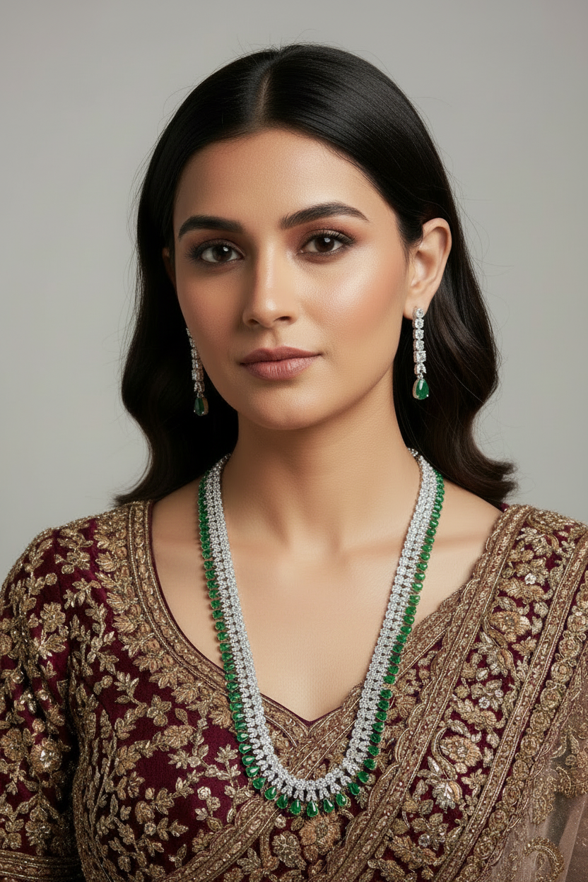 Cubic Zirconia Long Chain Necklace & Earring Set