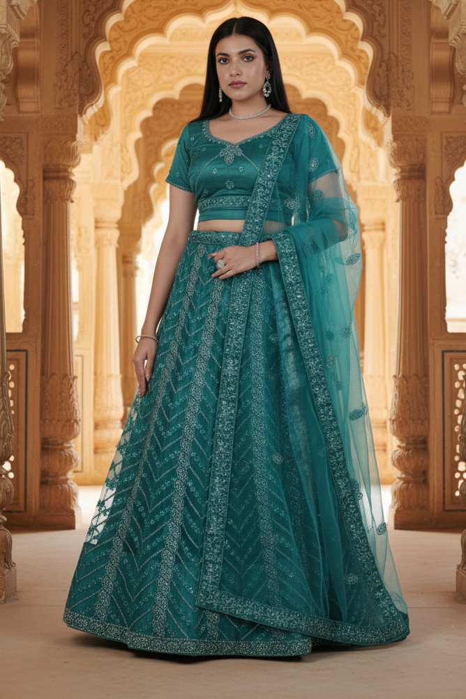 Green Stone Work Soft Net Lehenga with Crop Top