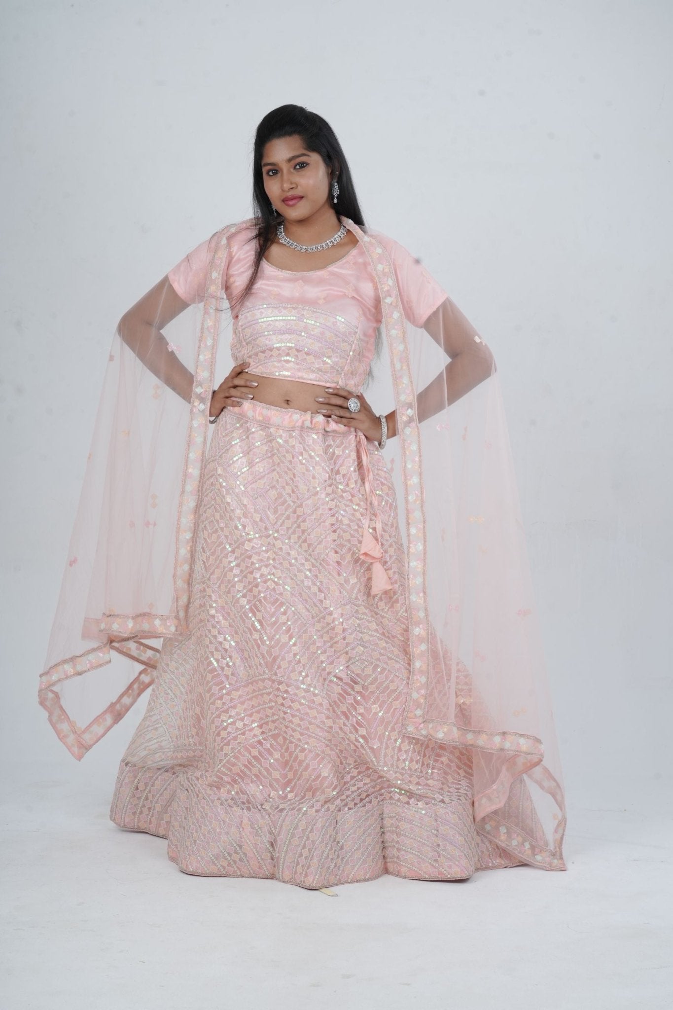 Designer A-line Lehenga with Sequin-Embellished Crop Top LEHENGA JCS Fashions Pink Large (40)