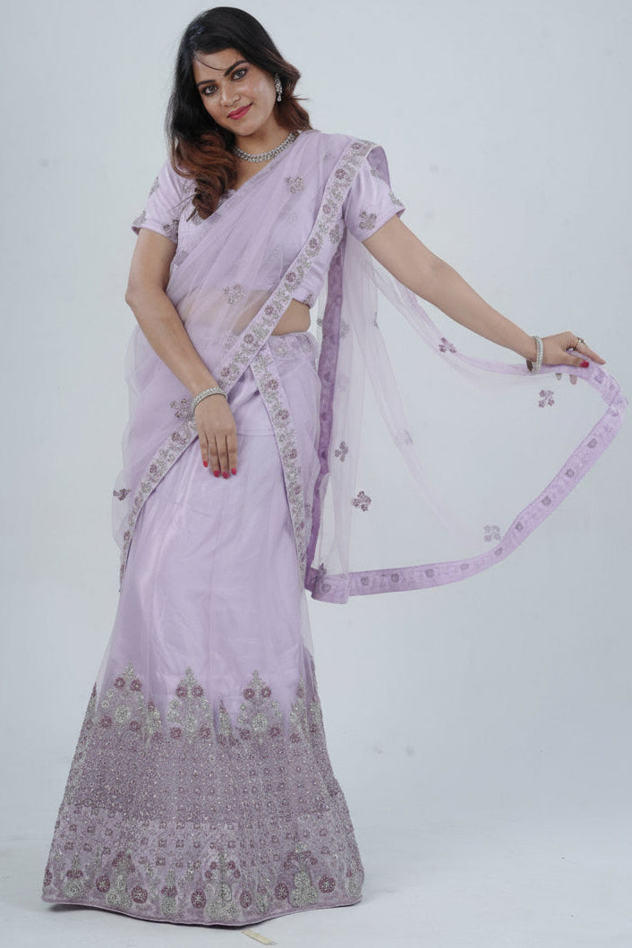 Designer Soft Net Lehenga Set with Exquisite Stone & Embroidery Detailing LEHENGA JCS Fashions Lavender Large (40)