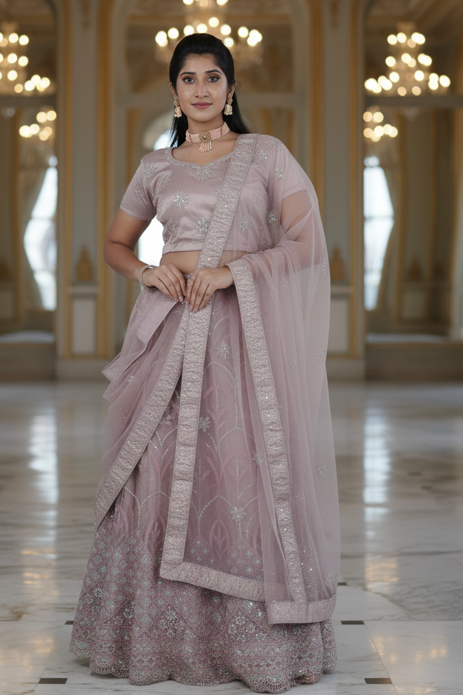 Purple Soft Net Lehenga with Embellished Crop Top