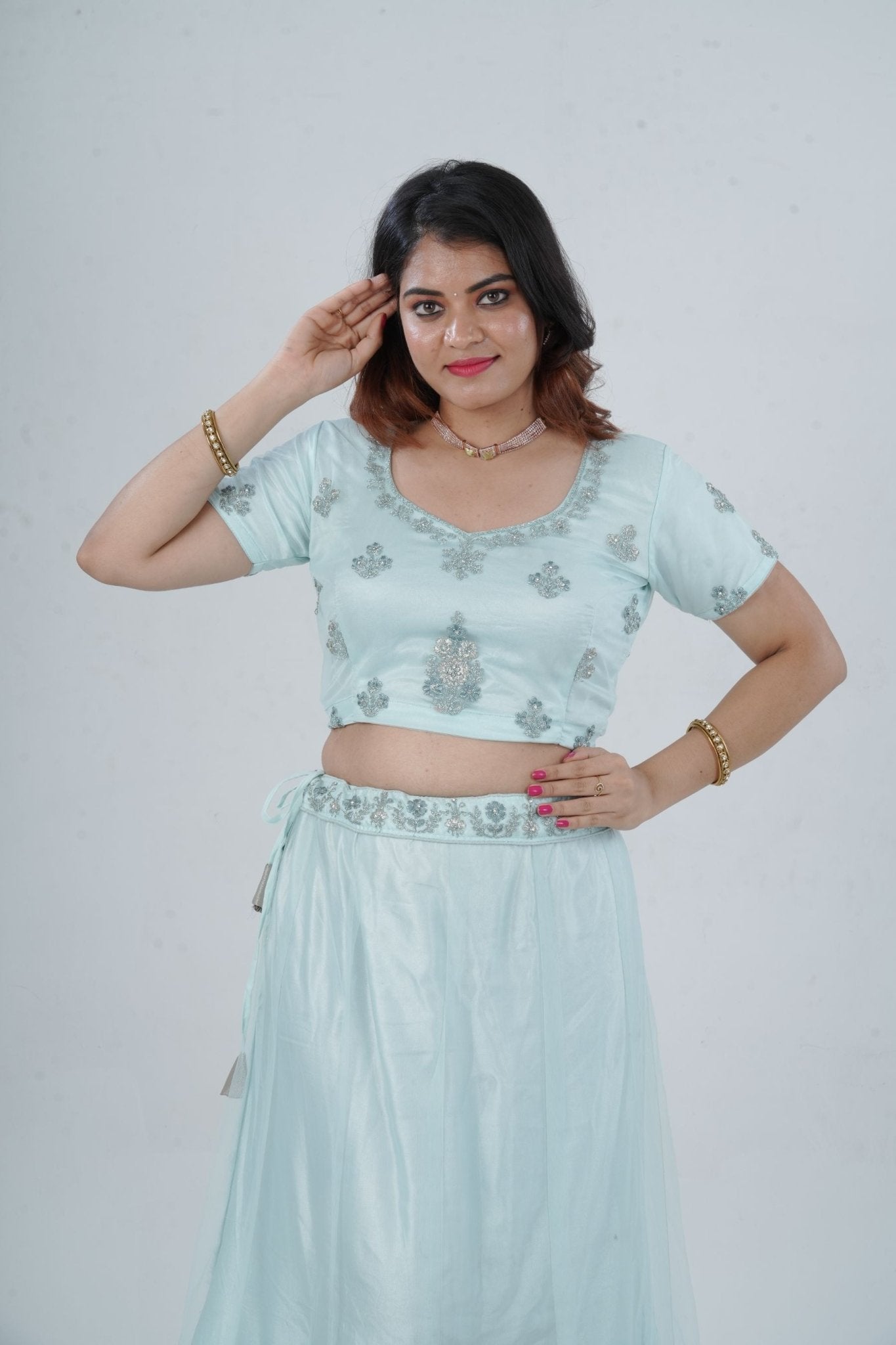 Designer Stone Work Lehenga & Crop Top Ensemble - Light Blue LEHENGA JCS Fashions