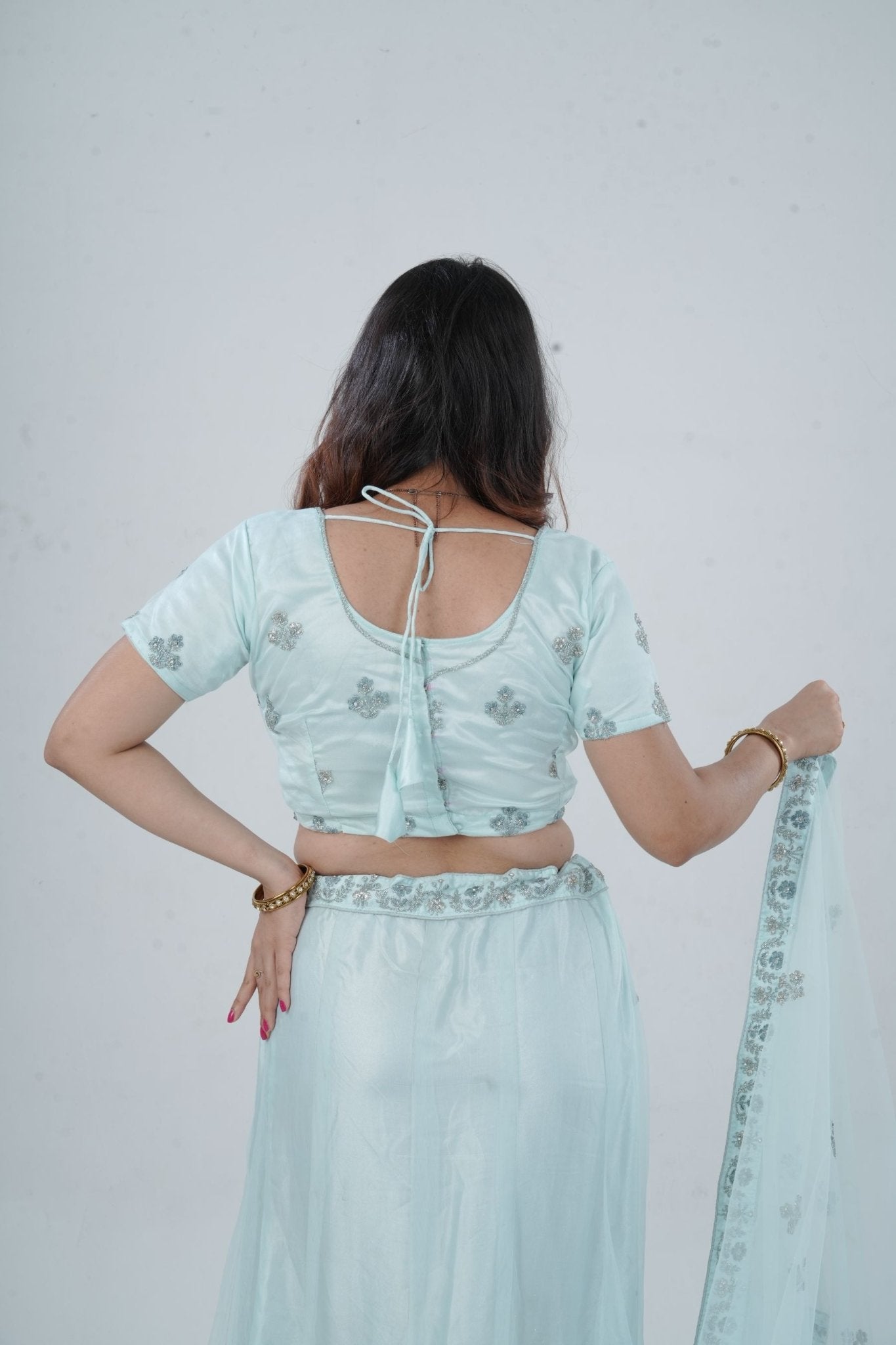 Designer Stone Work Lehenga & Crop Top Ensemble - Light Blue LEHENGA JCS Fashions