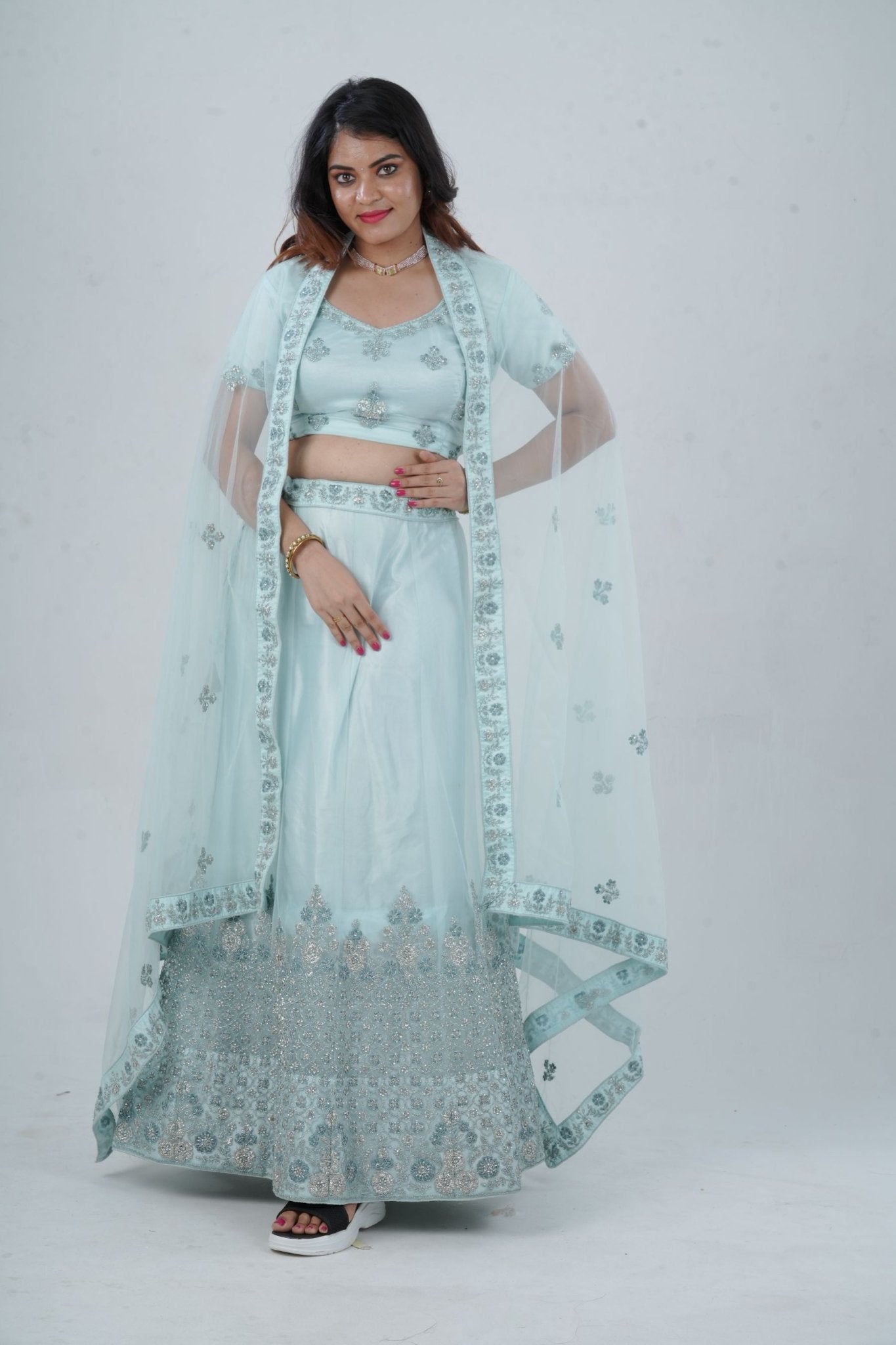 Designer Stone Work Lehenga & Crop Top Ensemble - Light Blue LEHENGA JCS Fashions