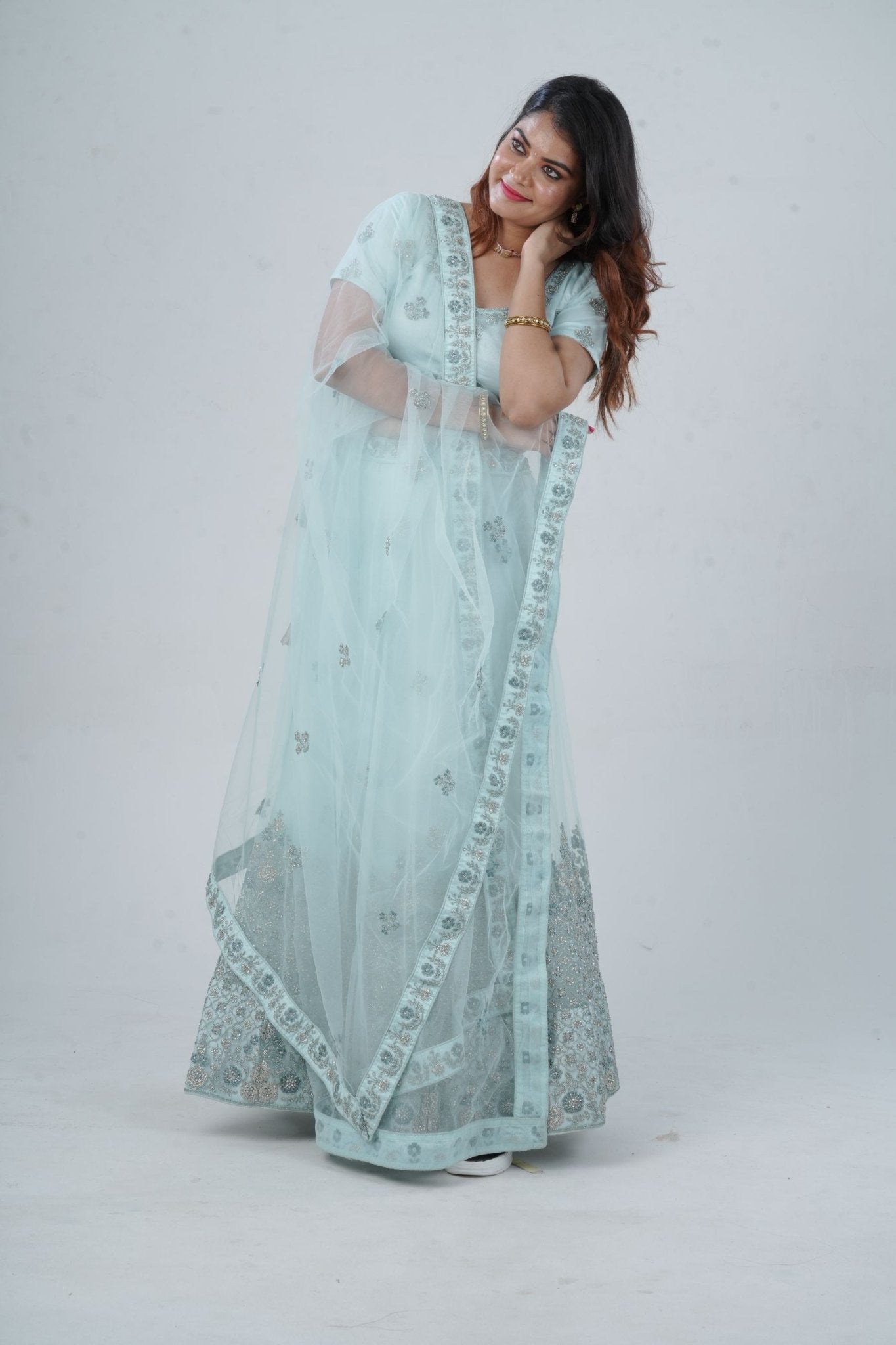 Designer Stone Work Lehenga & Crop Top Ensemble - Light Blue LEHENGA JCS Fashions