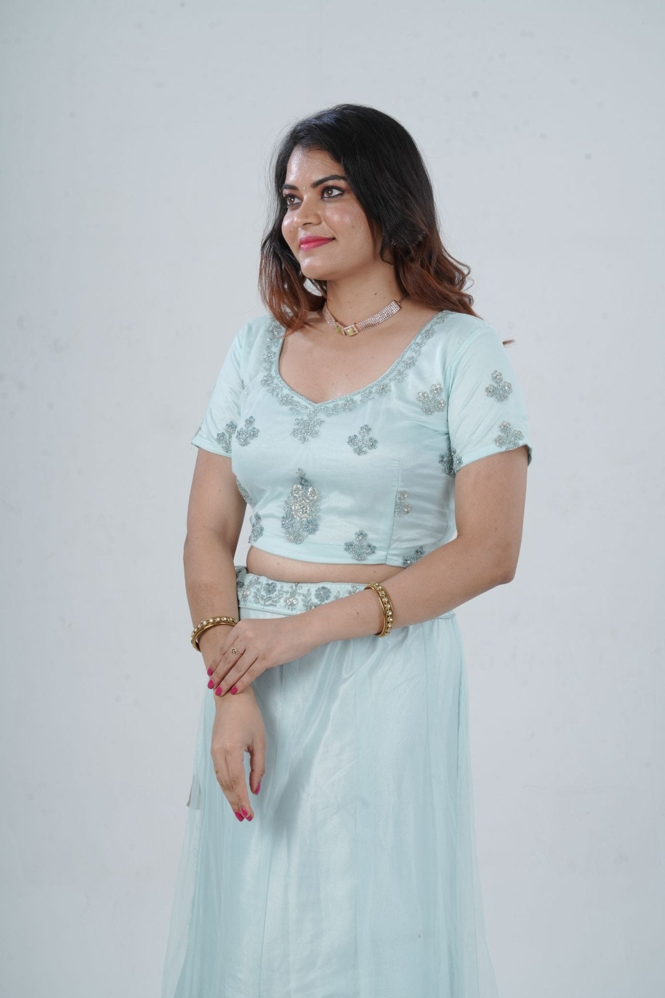 Designer Stone Work Lehenga & Crop Top Ensemble - Light Blue LEHENGA JCS Fashions