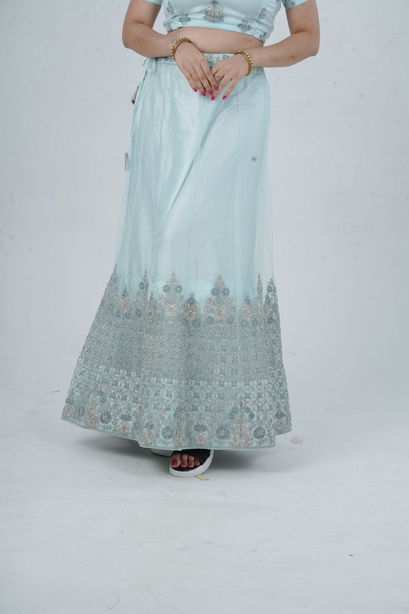 Designer Stone Work Lehenga & Crop Top Ensemble - Light Blue LEHENGA JCS Fashions