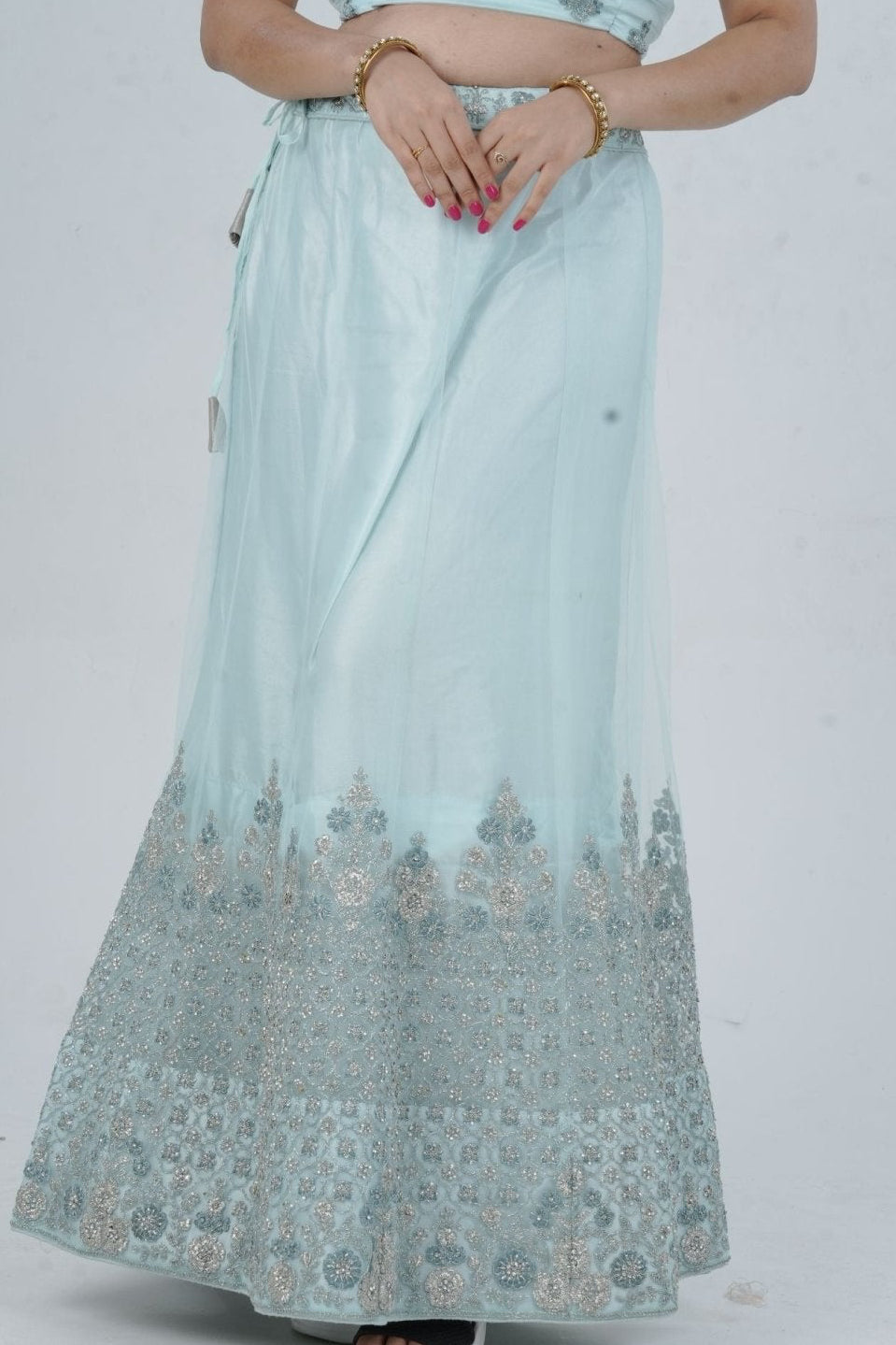 Designer Stone Work Lehenga & Crop Top Ensemble - Light Blue LEHENGA JCS Fashions