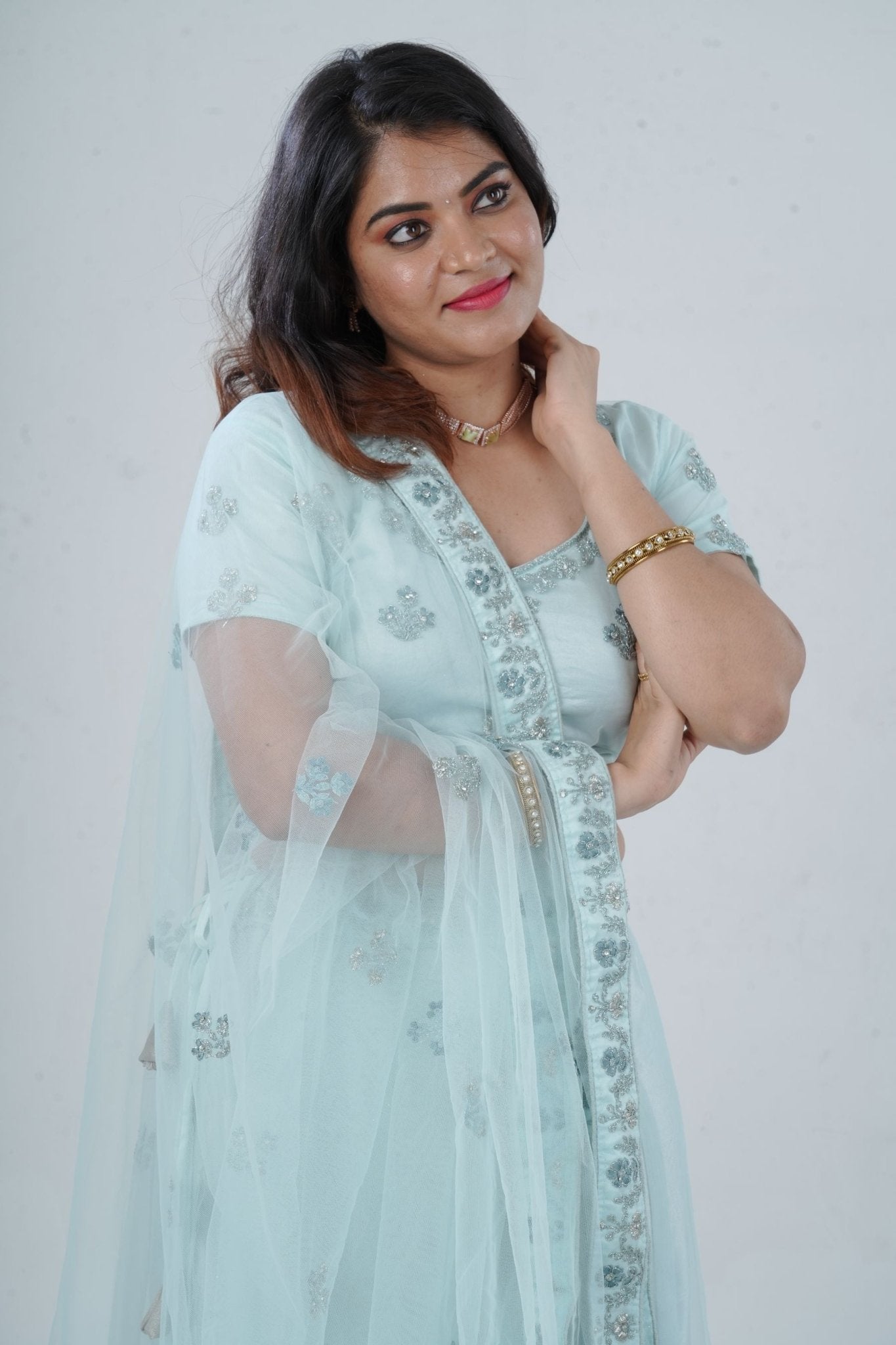 Designer Stone Work Lehenga & Crop Top Ensemble - Light Blue LEHENGA JCS Fashions