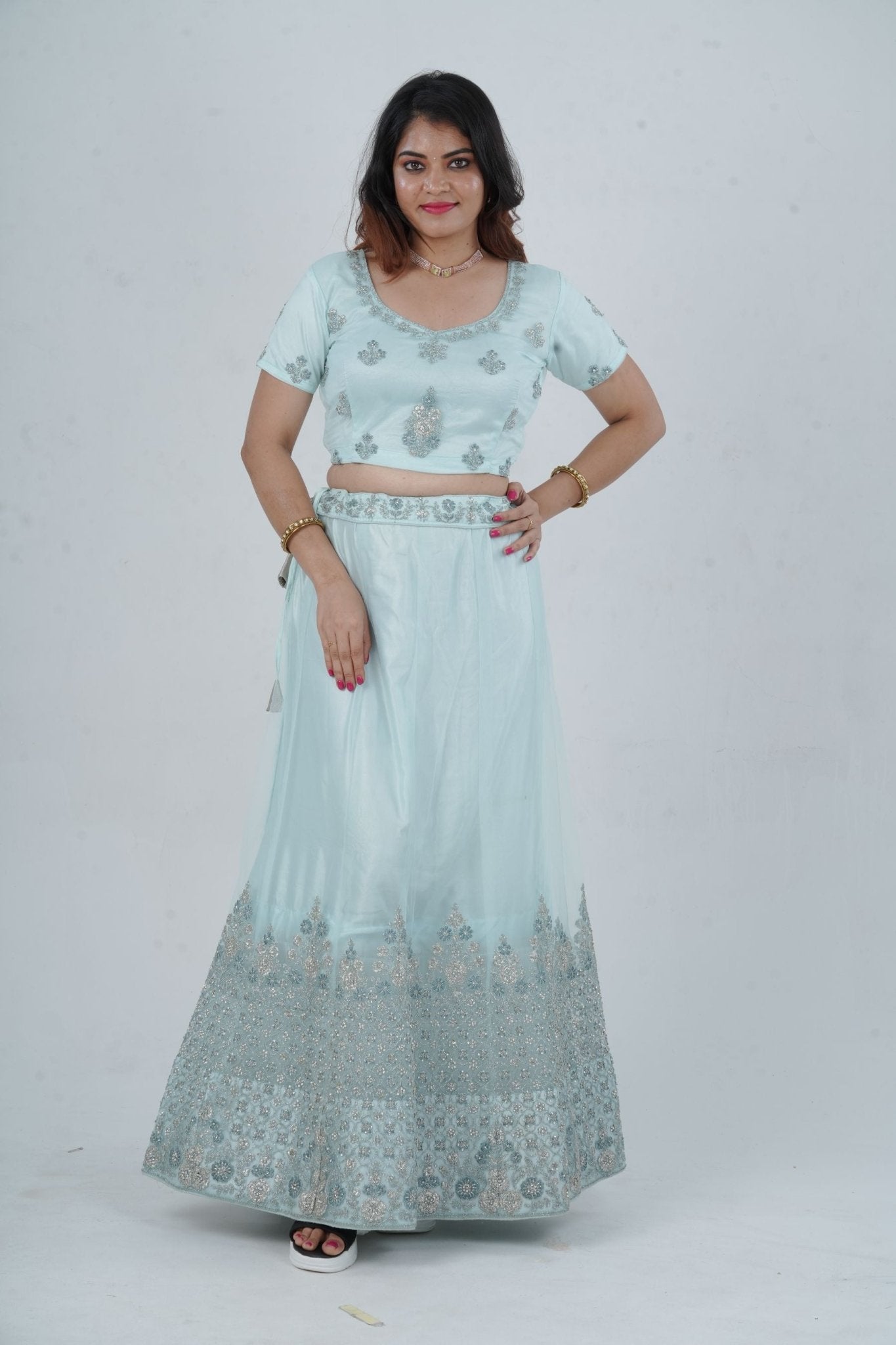 Designer Stone Work Lehenga & Crop Top Ensemble - Light Blue LEHENGA JCS Fashions