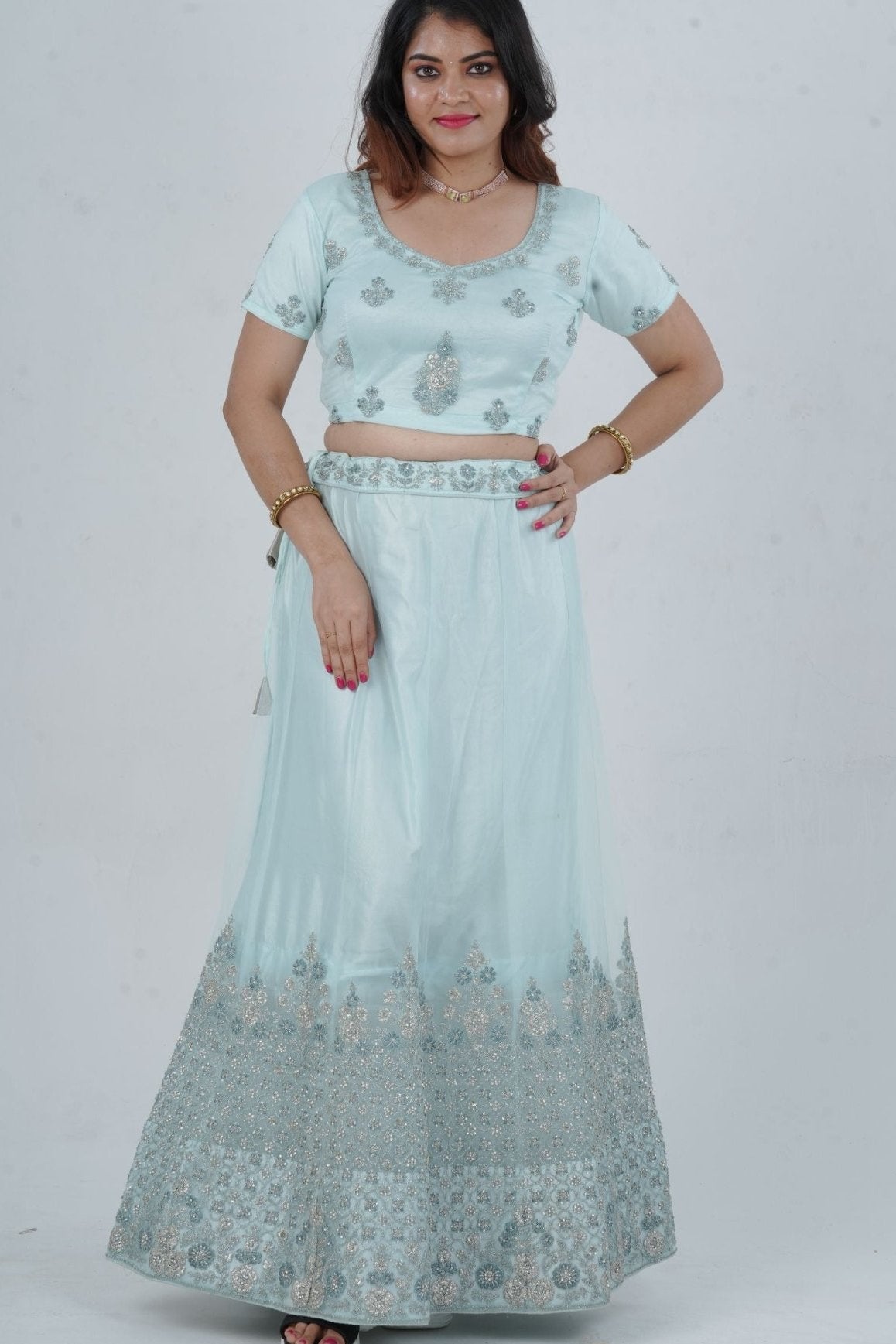 Designer Stone Work Lehenga & Crop Top Ensemble - Light Blue LEHENGA JCS Fashions