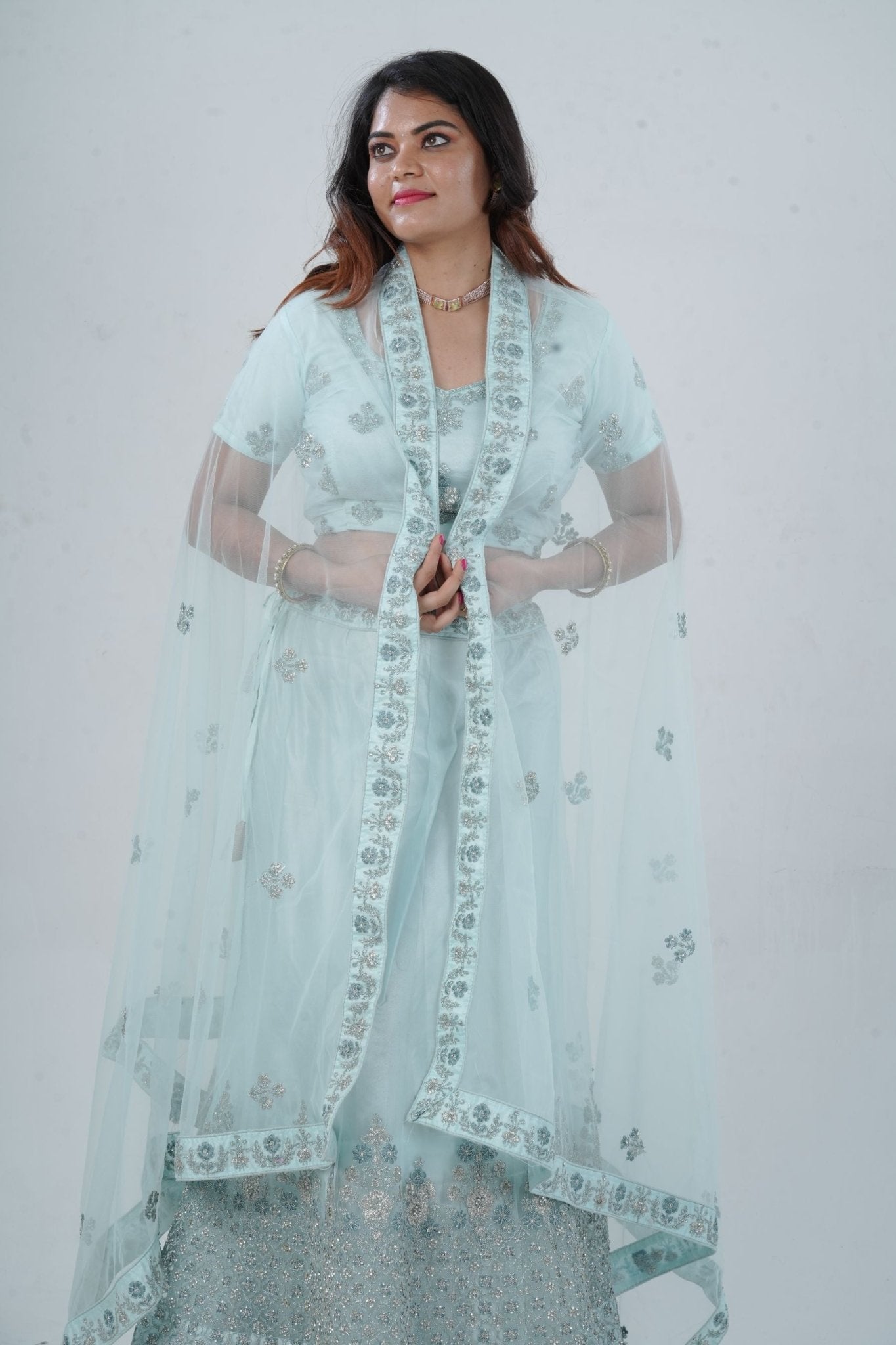 Designer Stone Work Lehenga & Crop Top Ensemble - Light Blue LEHENGA JCS Fashions
