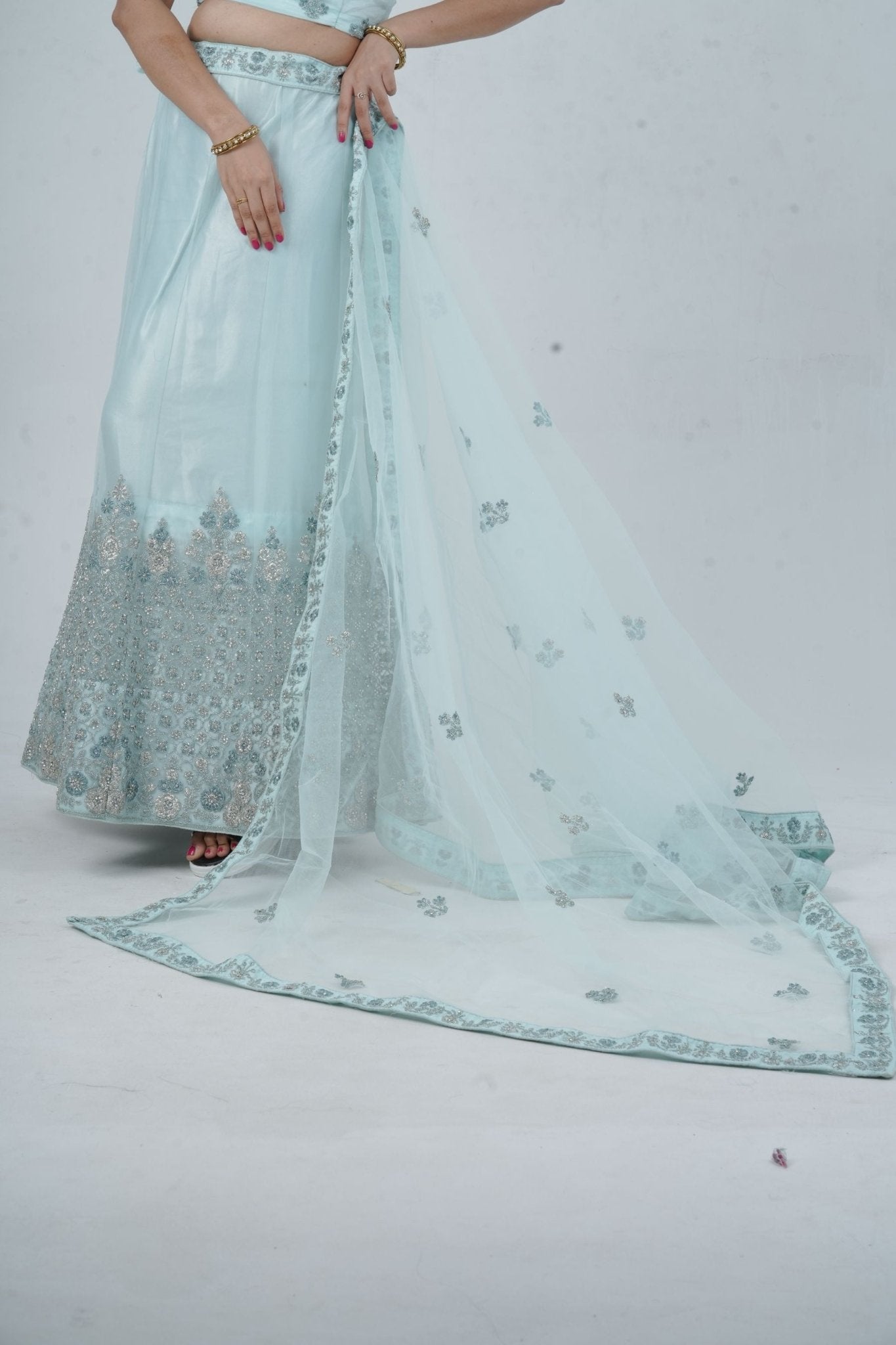 Designer Stone Work Lehenga & Crop Top Ensemble - Light Blue LEHENGA JCS Fashions