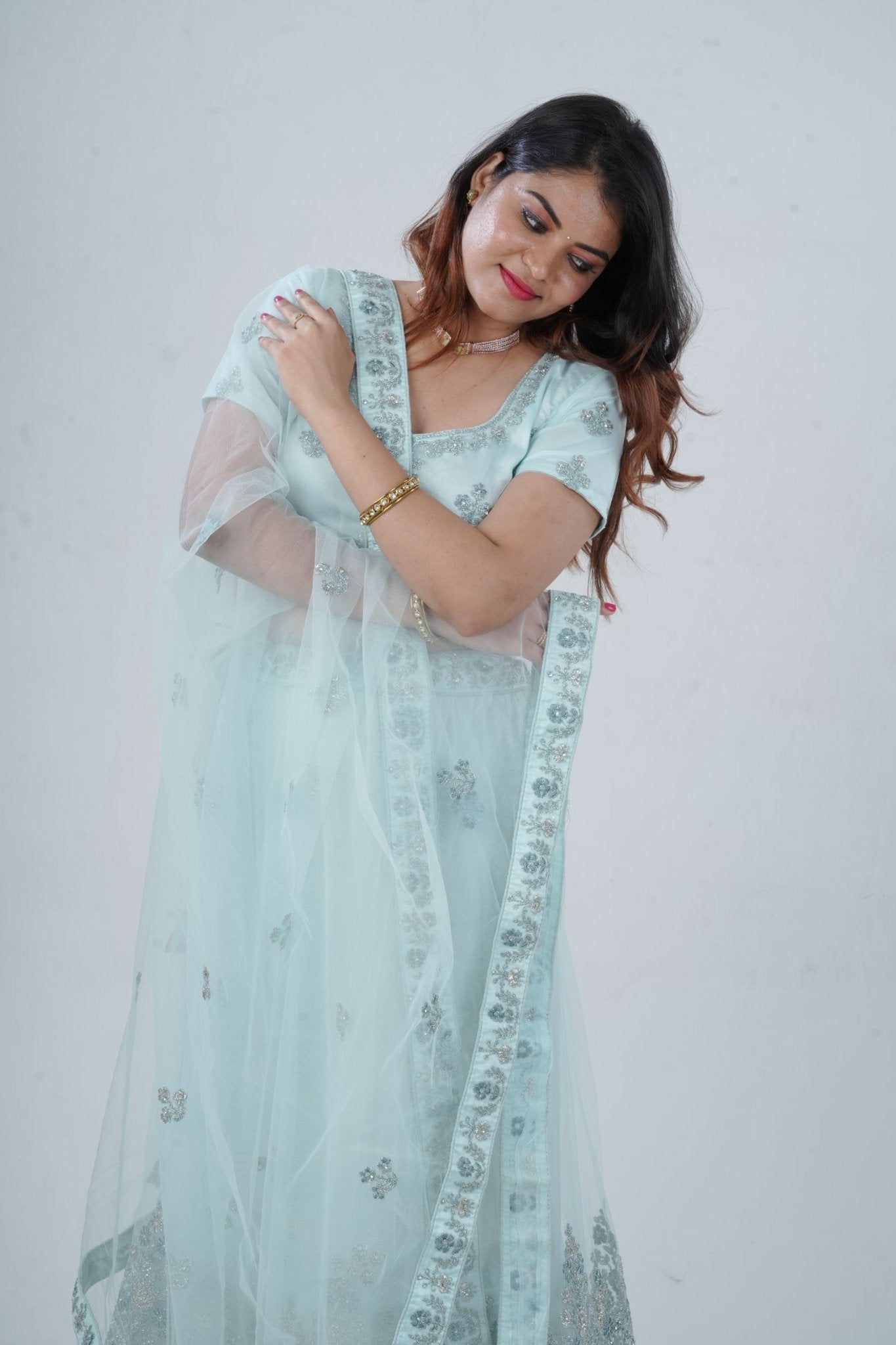 Designer Stone Work Lehenga & Crop Top Ensemble - Light Blue LEHENGA JCS Fashions