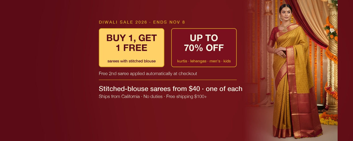 Diwali Sale 2026: Buy 1 Get 1 Free on stitched-blouse sarees from $40, up to 70% off kurtis, lehengas, men's and kids, ends Nov 8