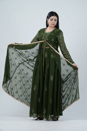 Green Effortlessly Real Georgette Crop Top & Plazzo