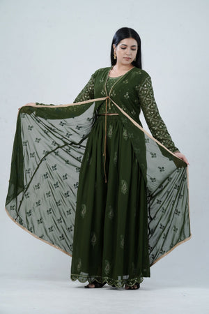 Green Effortlessly Real Georgette Crop Top & Plazzo